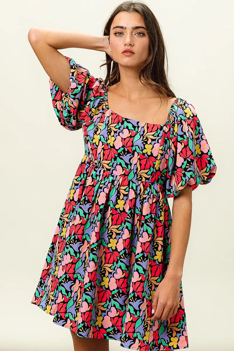 Floral Print Ruffled Hem Dress - Cutout & Tied.