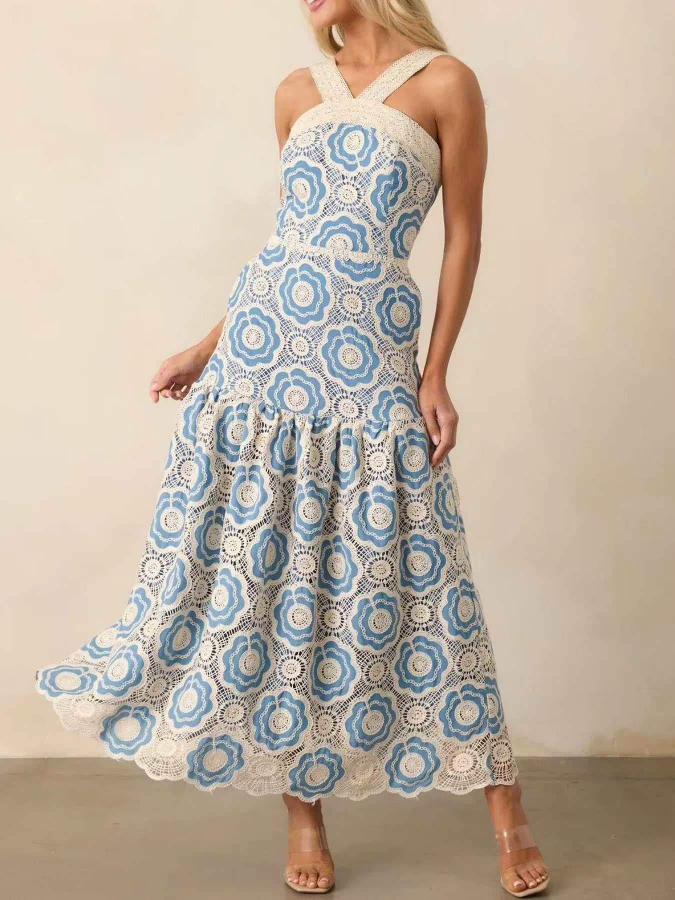 Plus Size Lace Up Halter Neck Denim Dress - Backless.