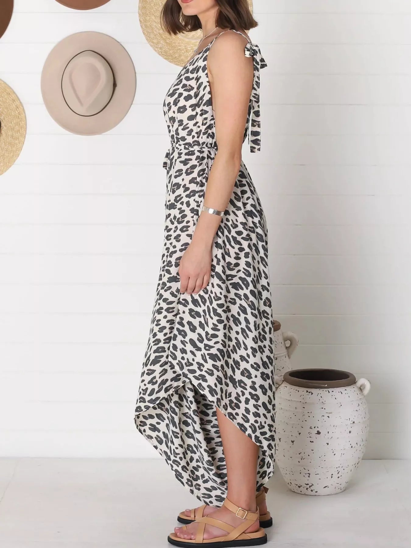 Plus Size Leopard Print V-Neck Wide Leg Jumpsuit with Tie.