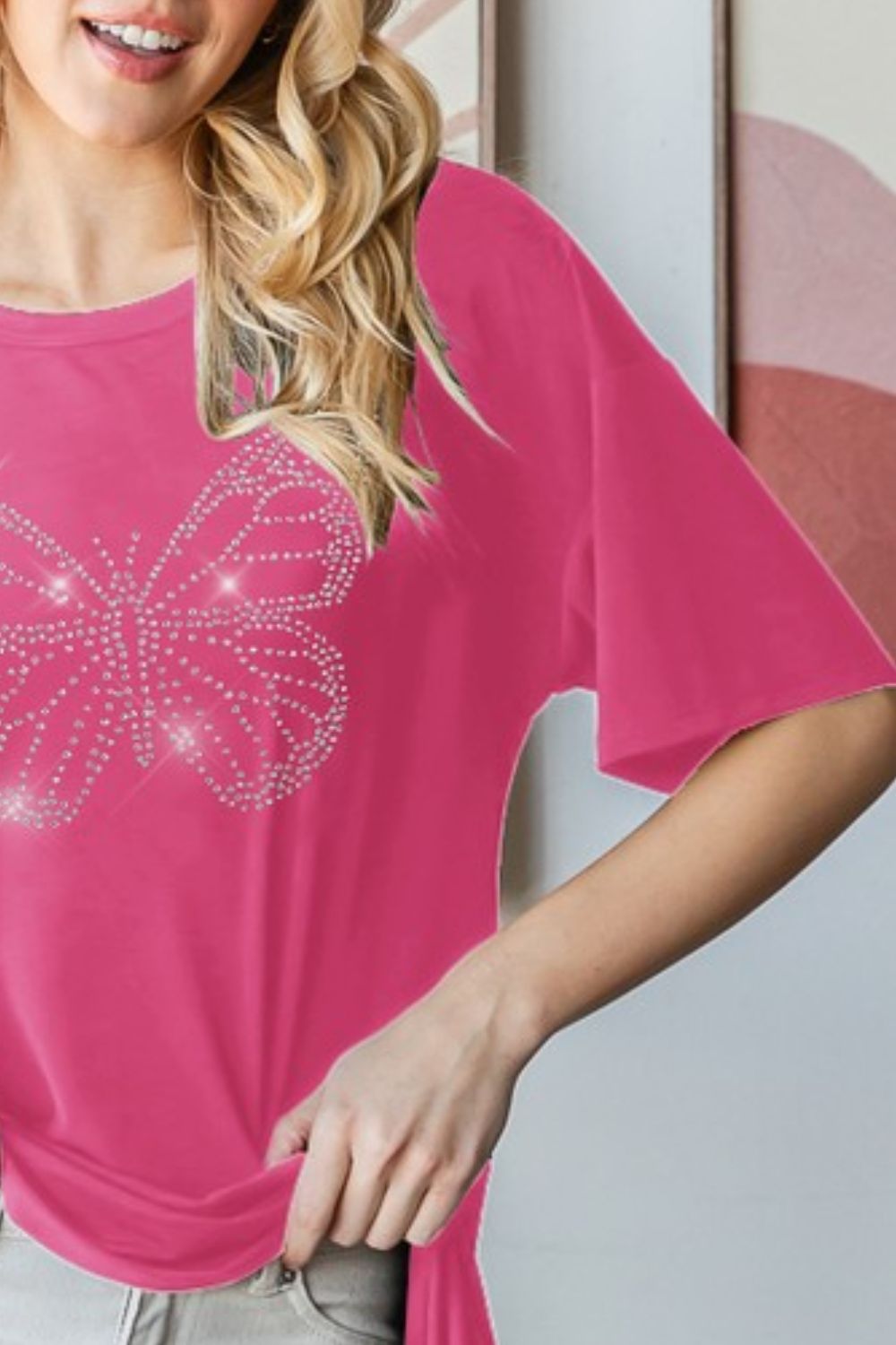 Rhinestone Butterfly Round Neck Short Sleeve T-Shirt Plus Size