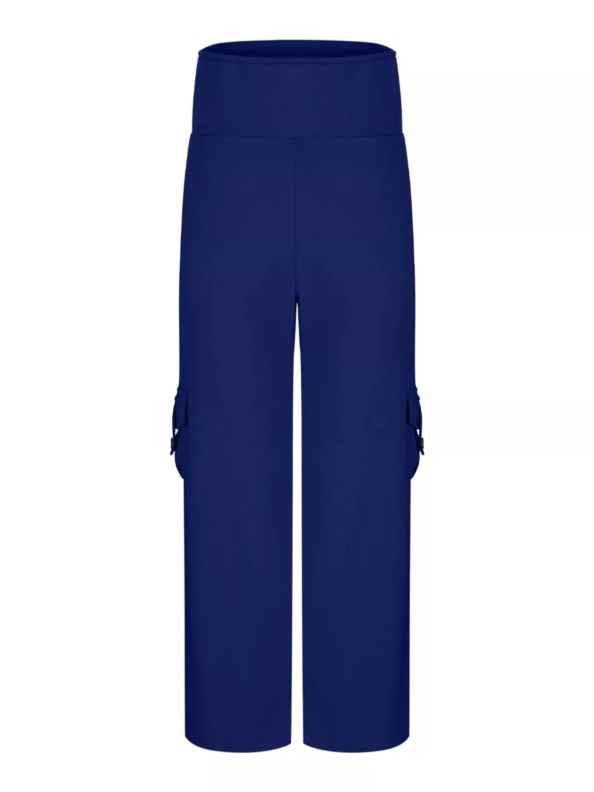 Navy high-waisted yoga pants with wide straight legs, a broad waistband, visible side pockets, and clean front construction.