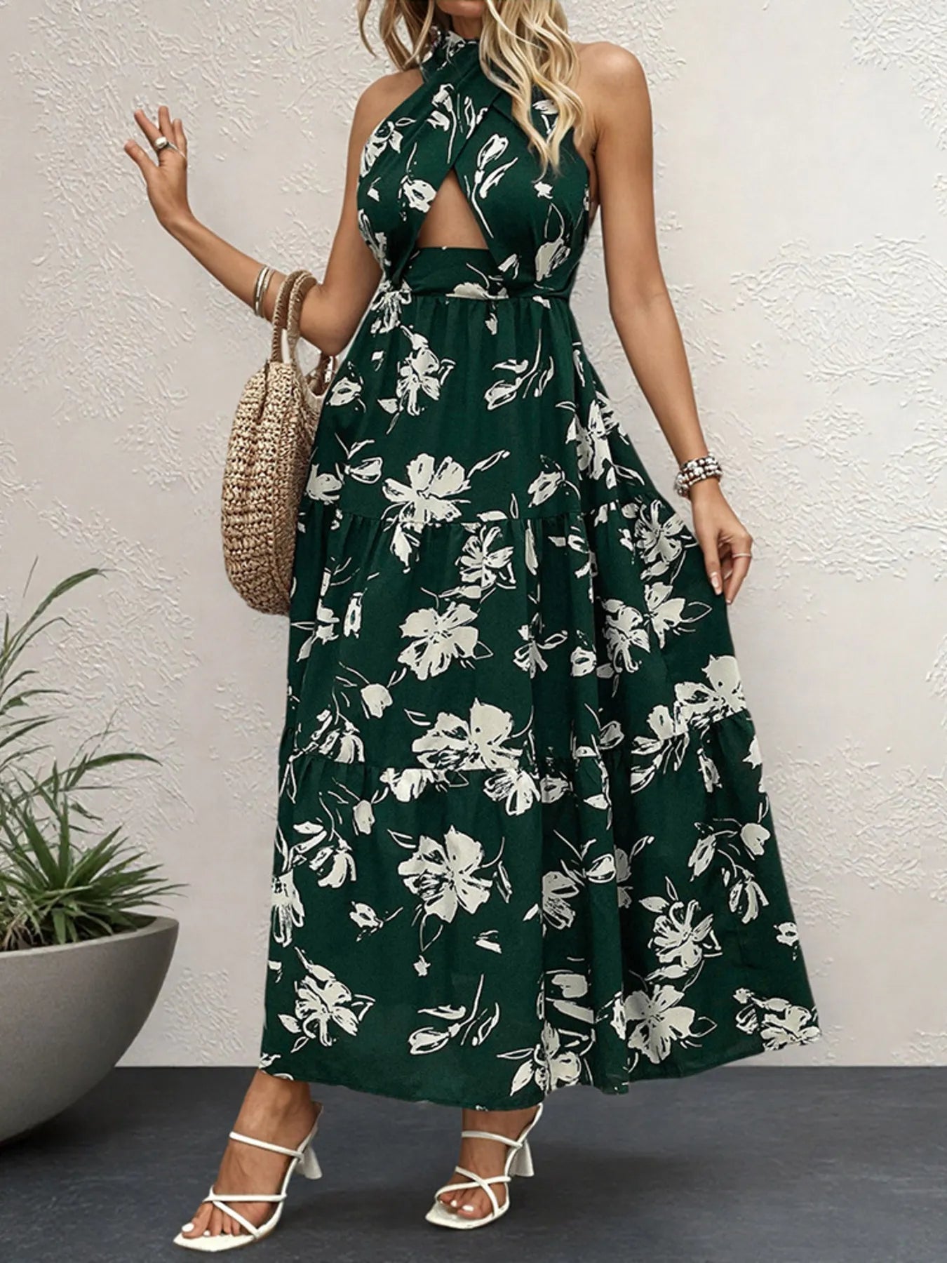 Printed Halter Neck Maxi Cami Dress with Tie.