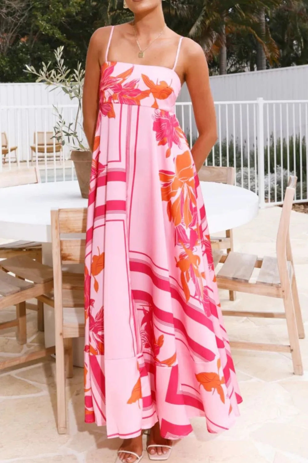 Printed Square Neck Maxi Cami Dress - Basic.