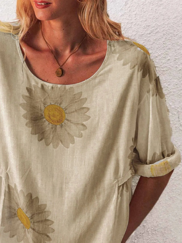 Flower Round Neck Half Sleeve T-Shirt Plus Size