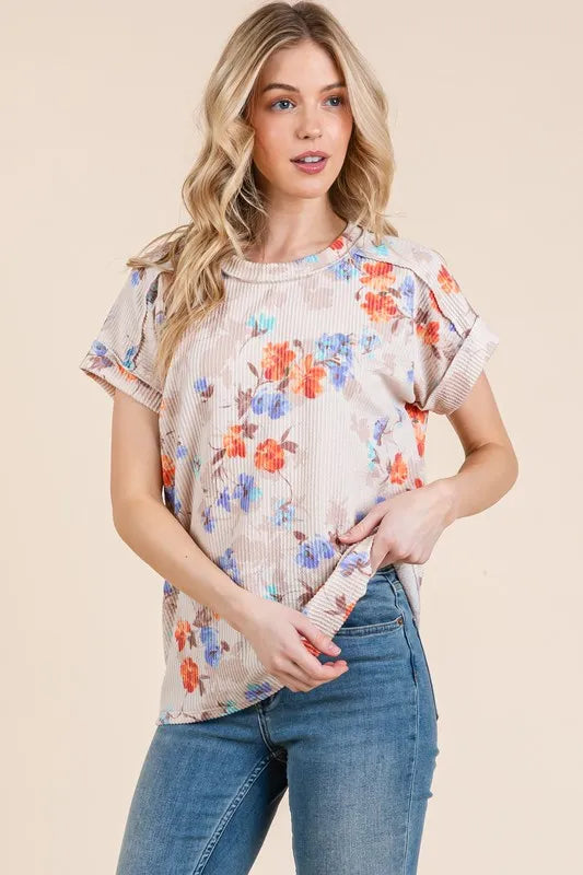Floral Round Neck RIbbed T-Shirt