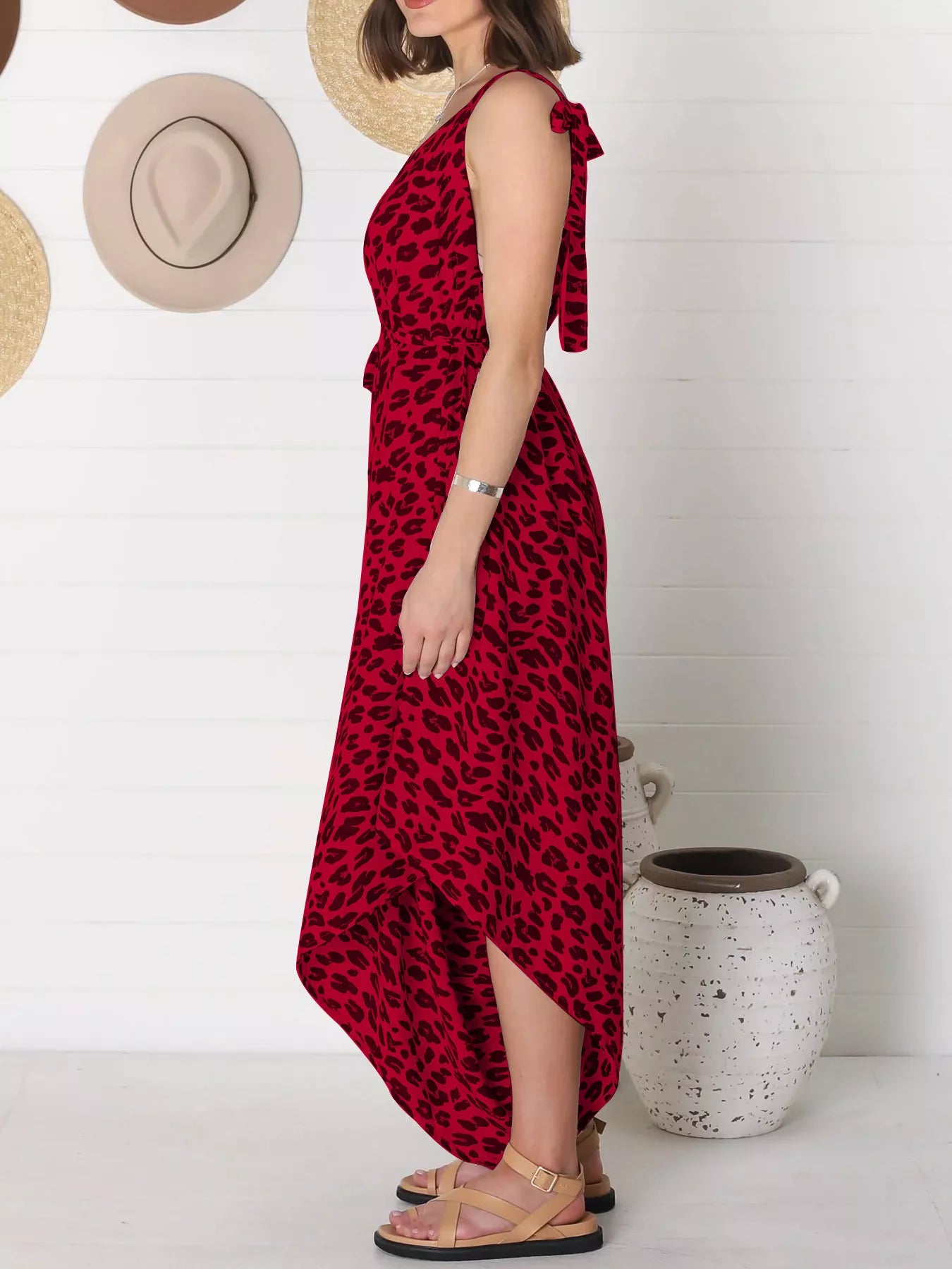 Plus Size Leopard Print V-Neck Wide Leg Jumpsuit with Tie.