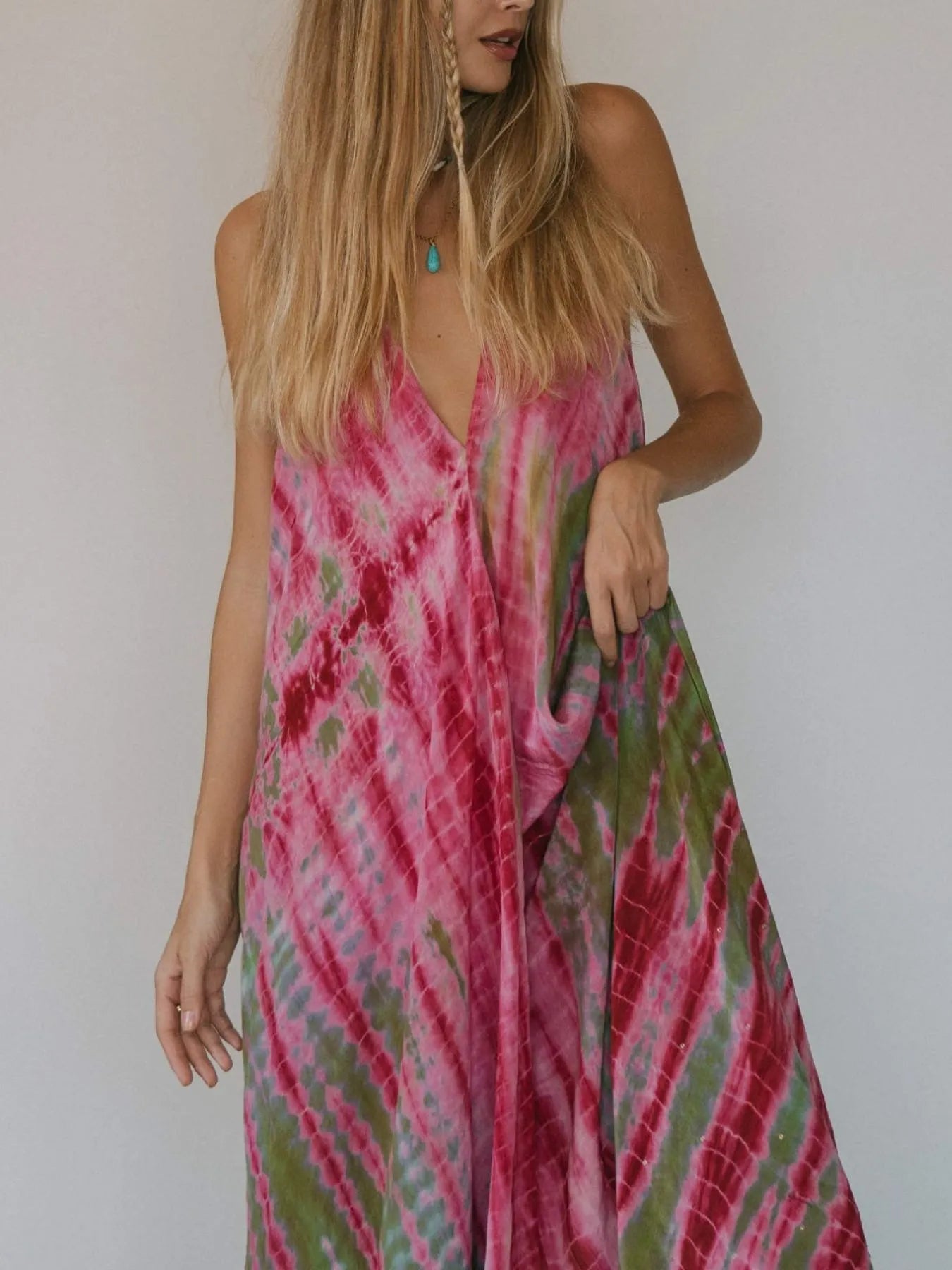 Backless Printed Halter Neck Maxi Dress - Tied.