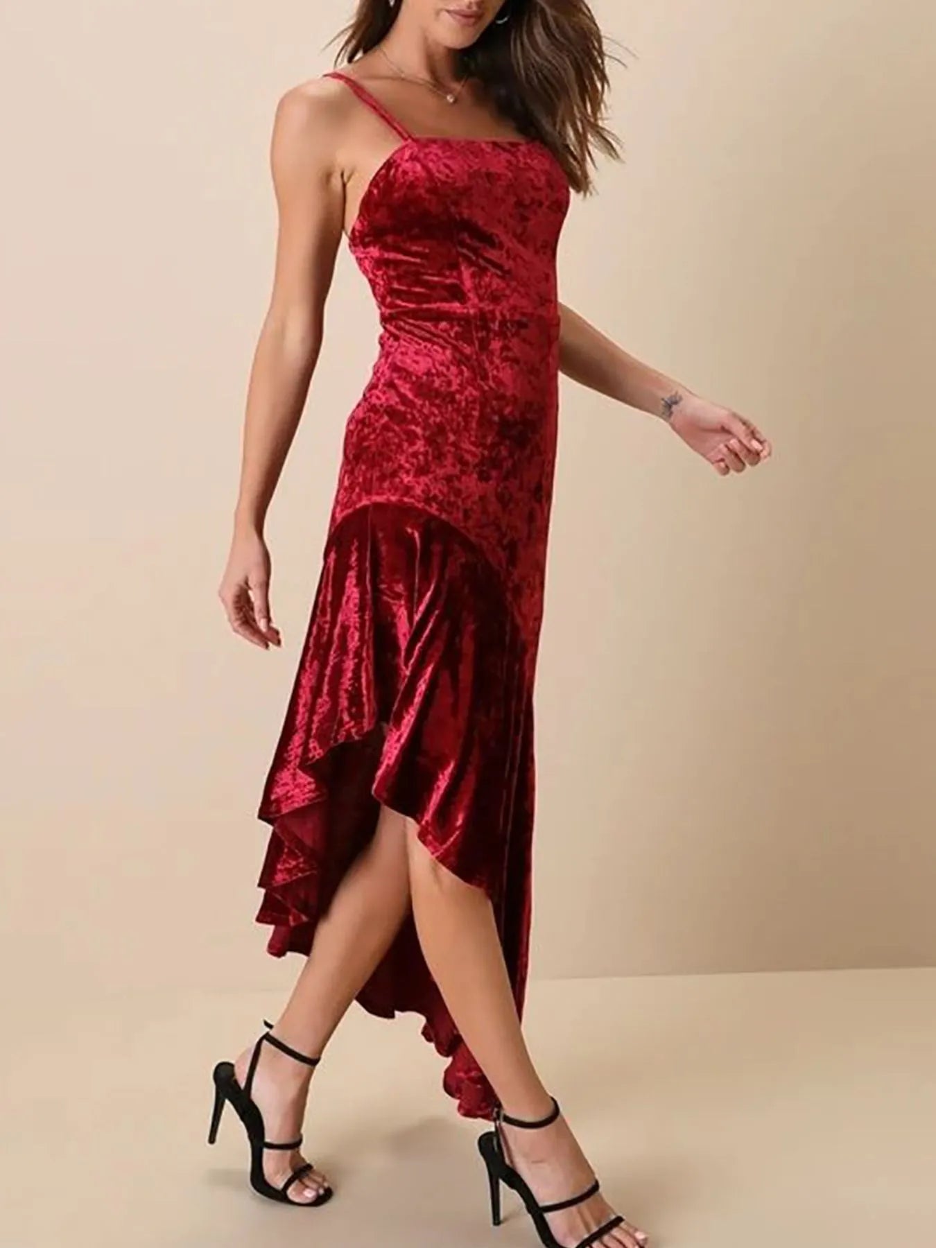 Asymmetrical Velvet Cami Dress with Ruffle Hem and Slit.