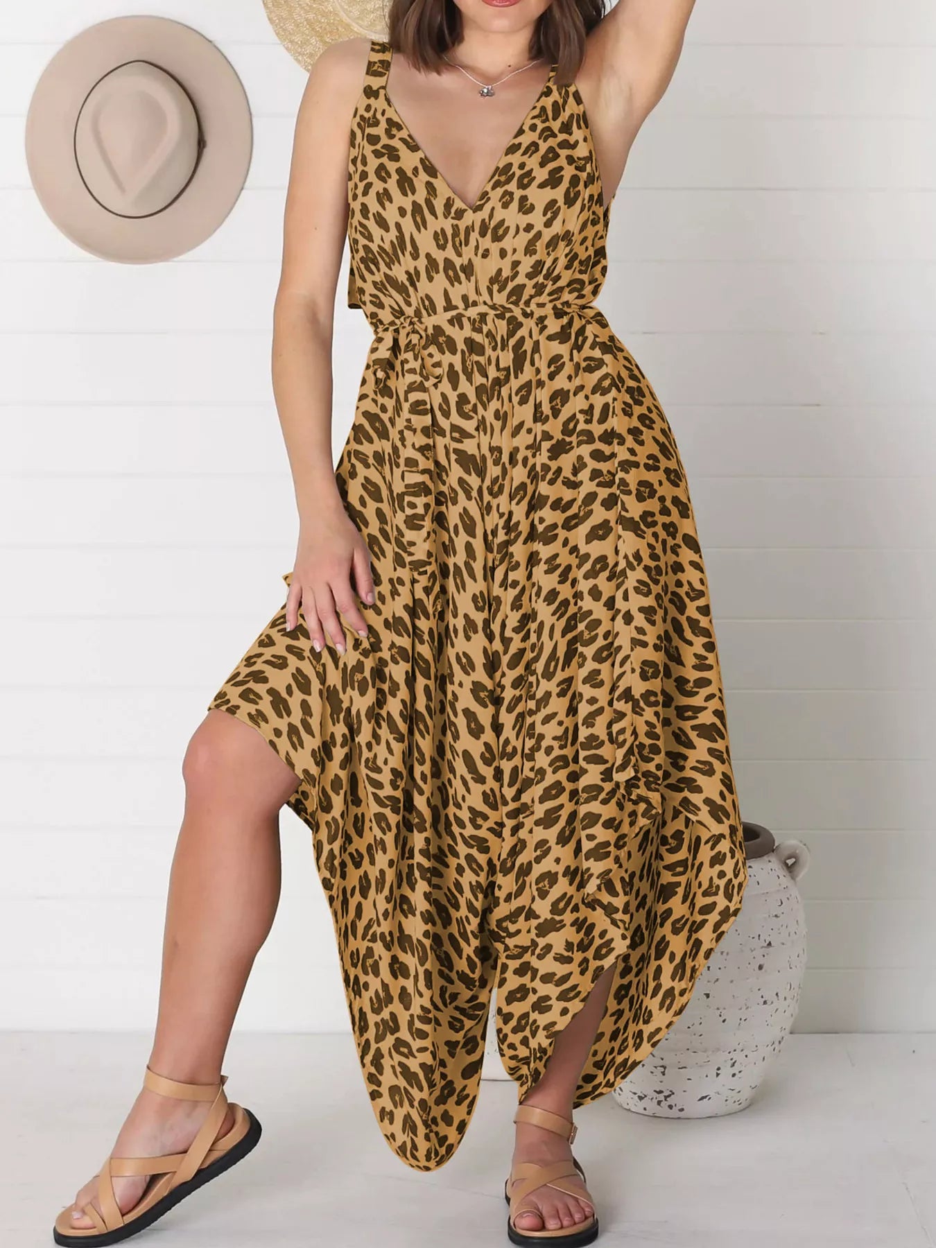 Plus Size Leopard Print V-Neck Wide Leg Jumpsuit with Tie.