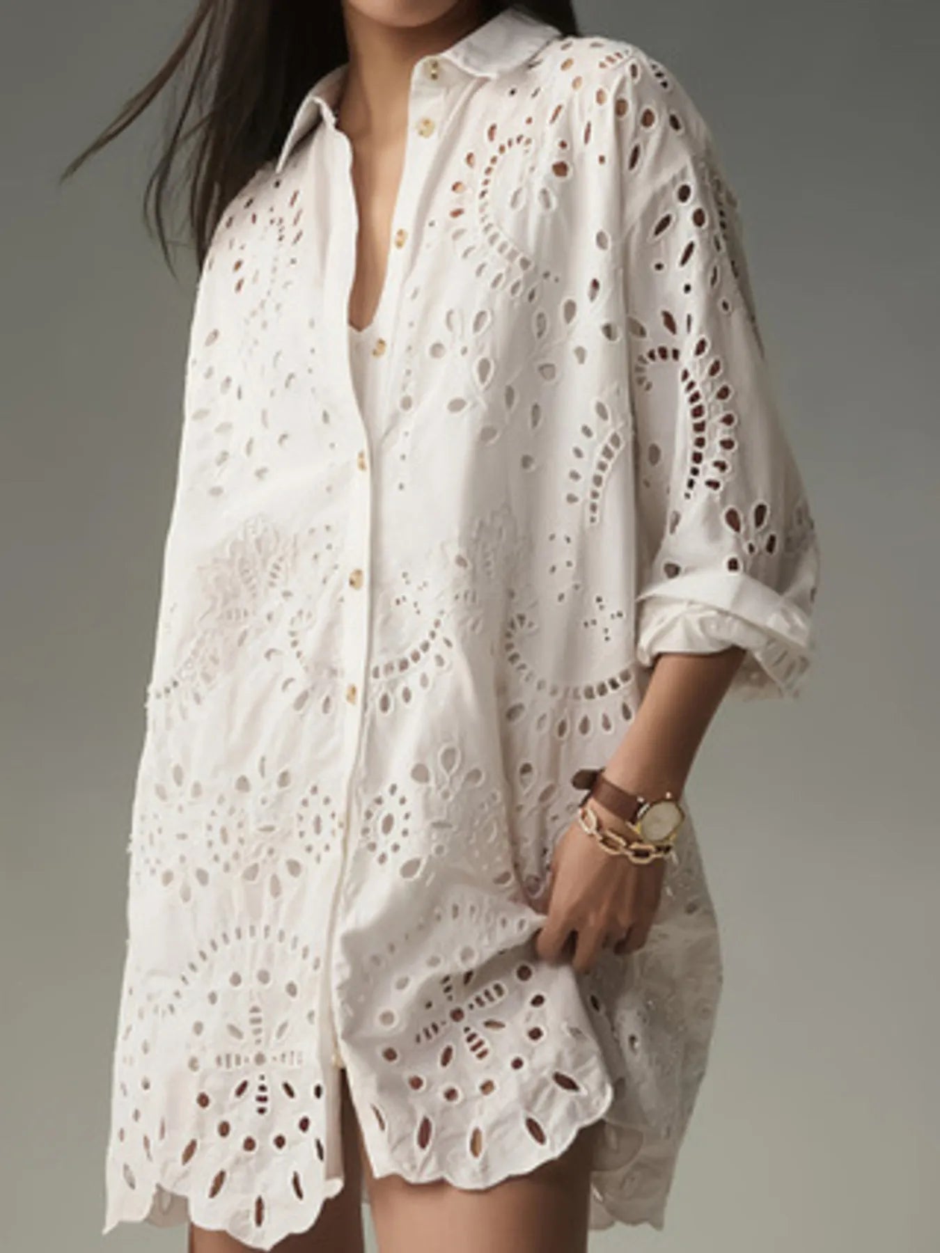 Eyelet Button Front Shirt Dress - Cutout.