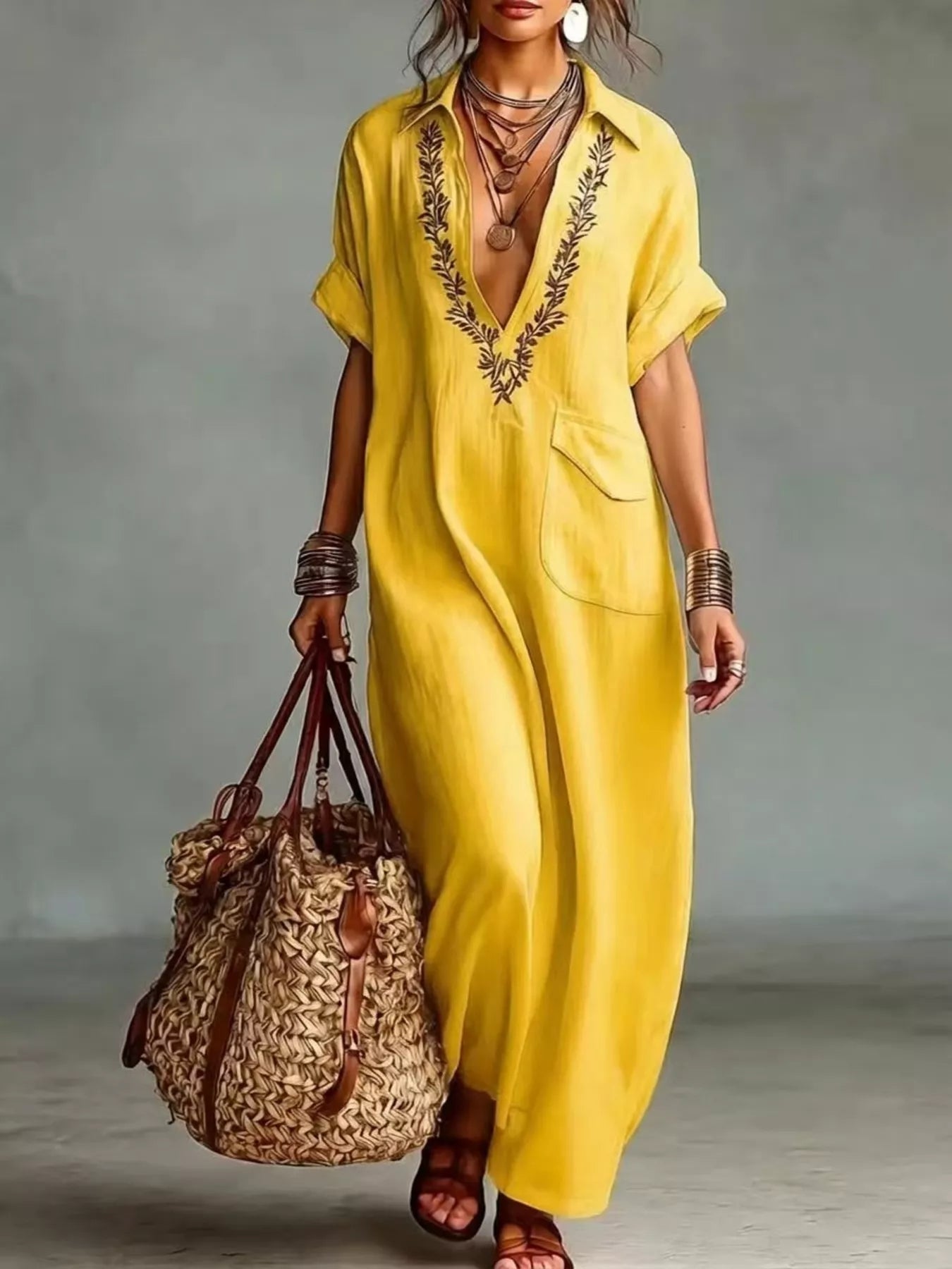 Bohemian embroidered maxi dress with short sleeves and V-neck, shown in apricot, black, blue, green and yellow
