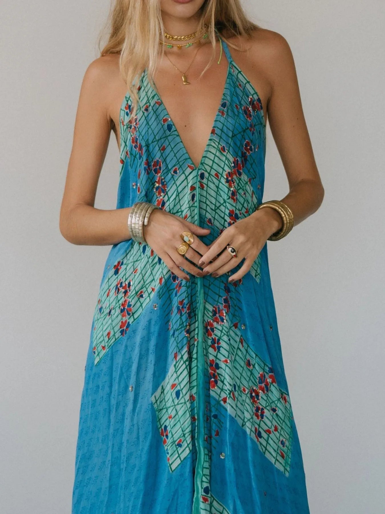 Backless Printed Halter Neck Maxi Dress - Tied.