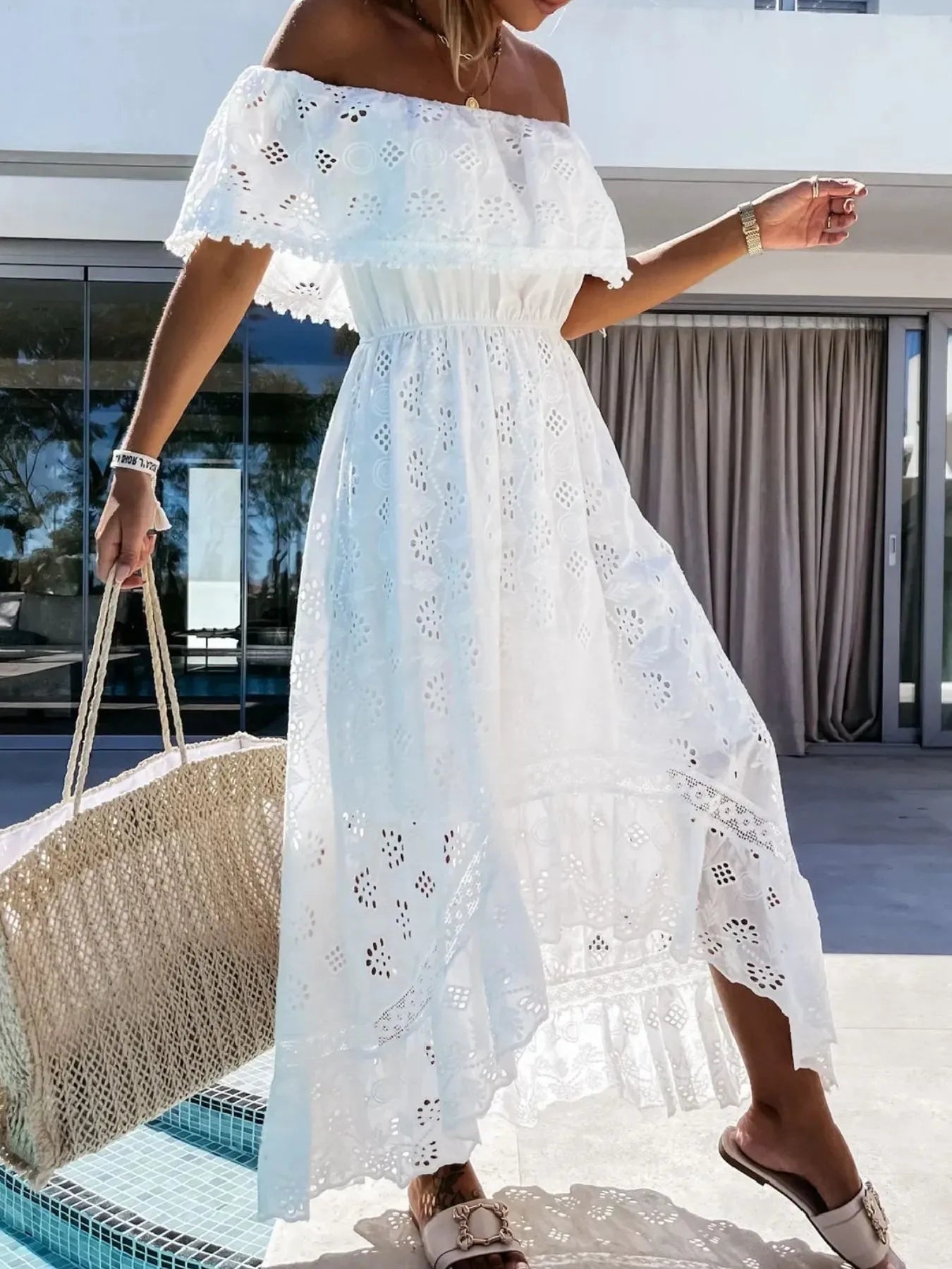 Eyelet Ruffled Hem Off-Shoulder Dress with Slit.