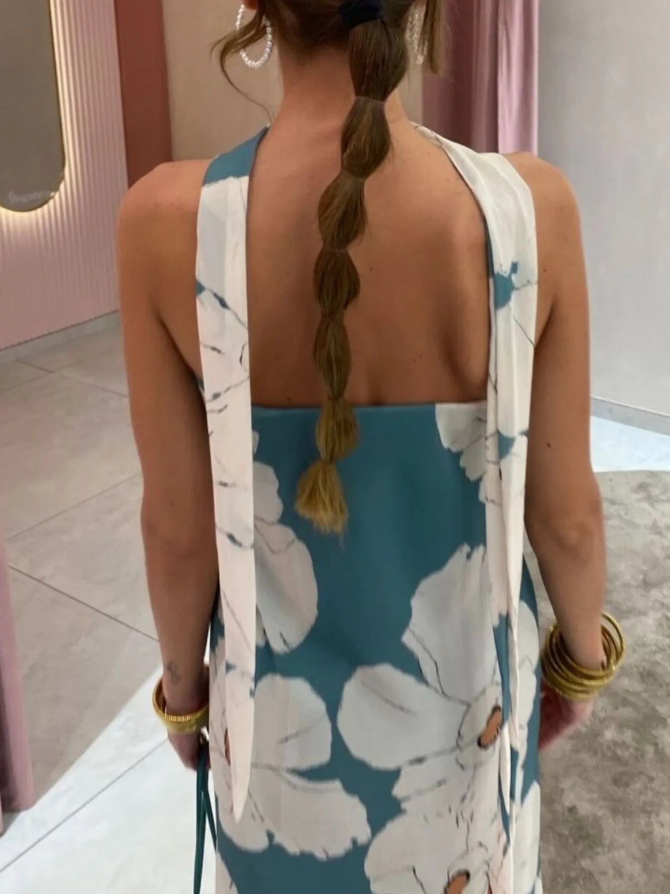 Printed V-Neck Cami Dress - Backless & Cutout.