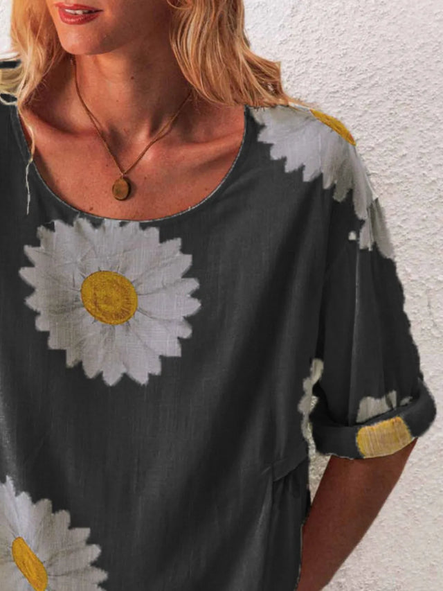 Flower Round Neck Half Sleeve T-Shirt Plus Size