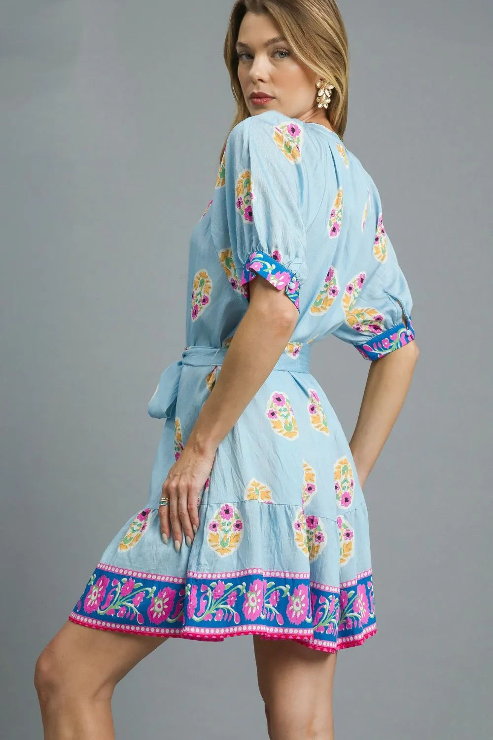 Floral Print Tie Waist Short Sleeve Dress - Buttoned & Tied.