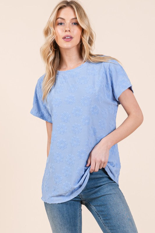 Textured Floral Pattern Short Sleeve T-Shirt