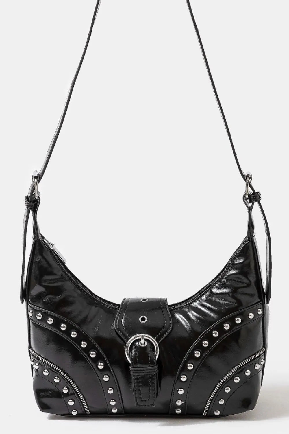 Faux Leather Studded Trim Shoulder Bag - Black Rock-Chic.