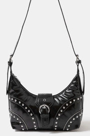 Faux Leather Studded Trim Shoulder Bag - Black Rock-Chic.