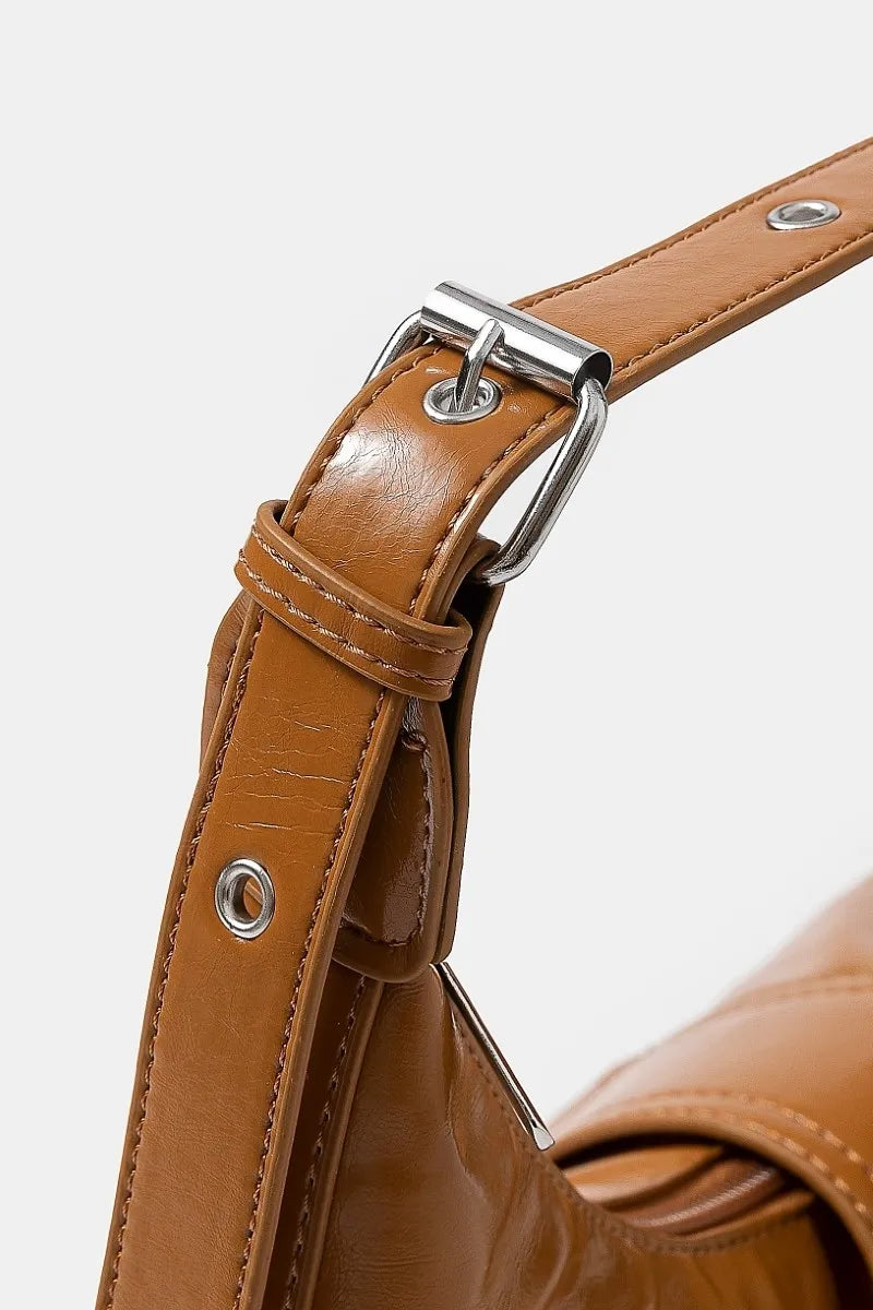 Faux Leather Studded Trim Shoulder Bag - Brown Western Style.