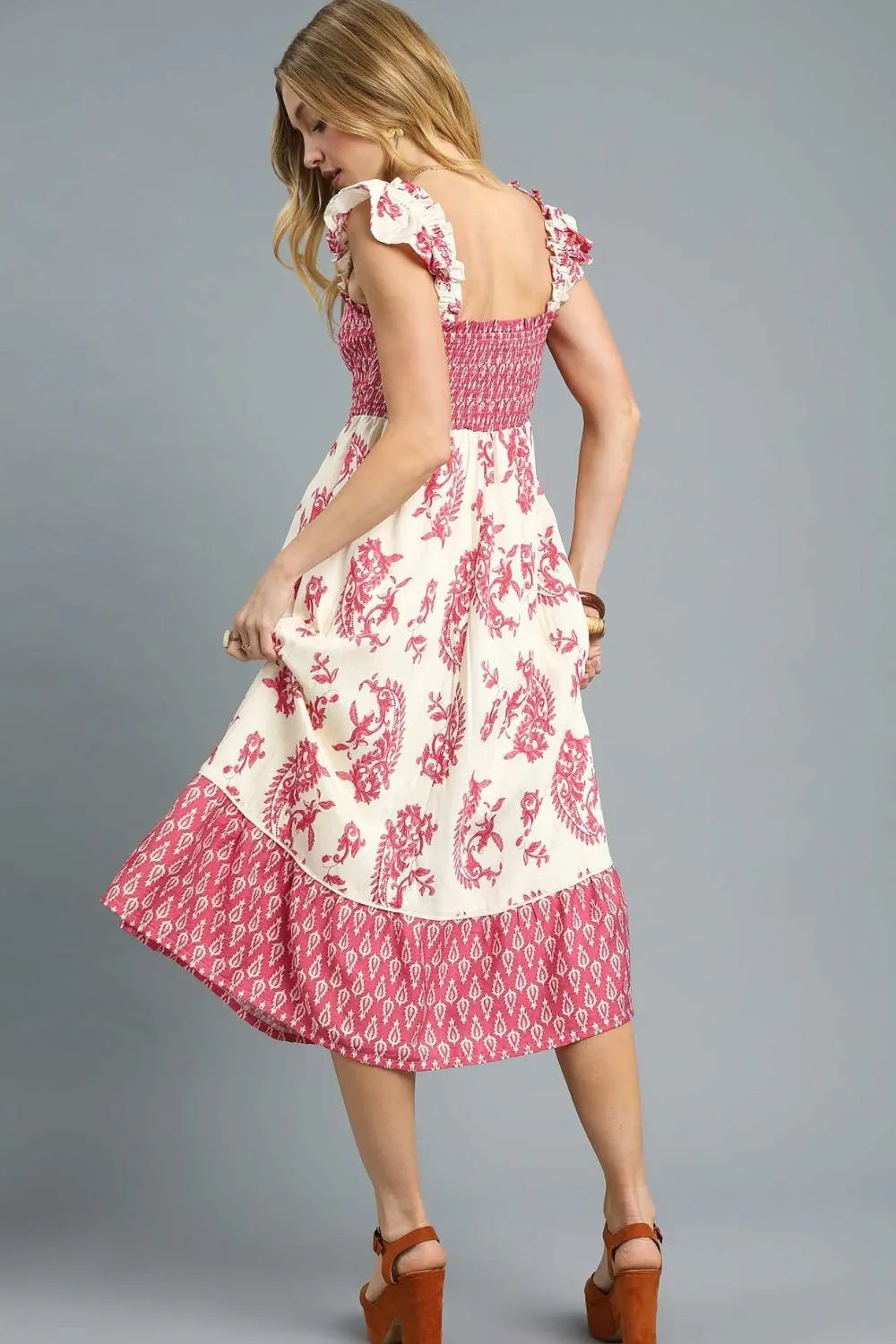 Umgee Printed Smocked Waist Flounce Sleeve Midi Dress - Ruffled.