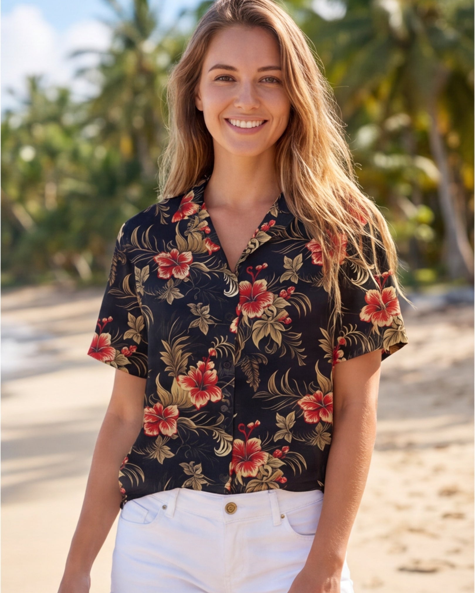 Womens Hawaiian Shirt - Midnight Hibiscus