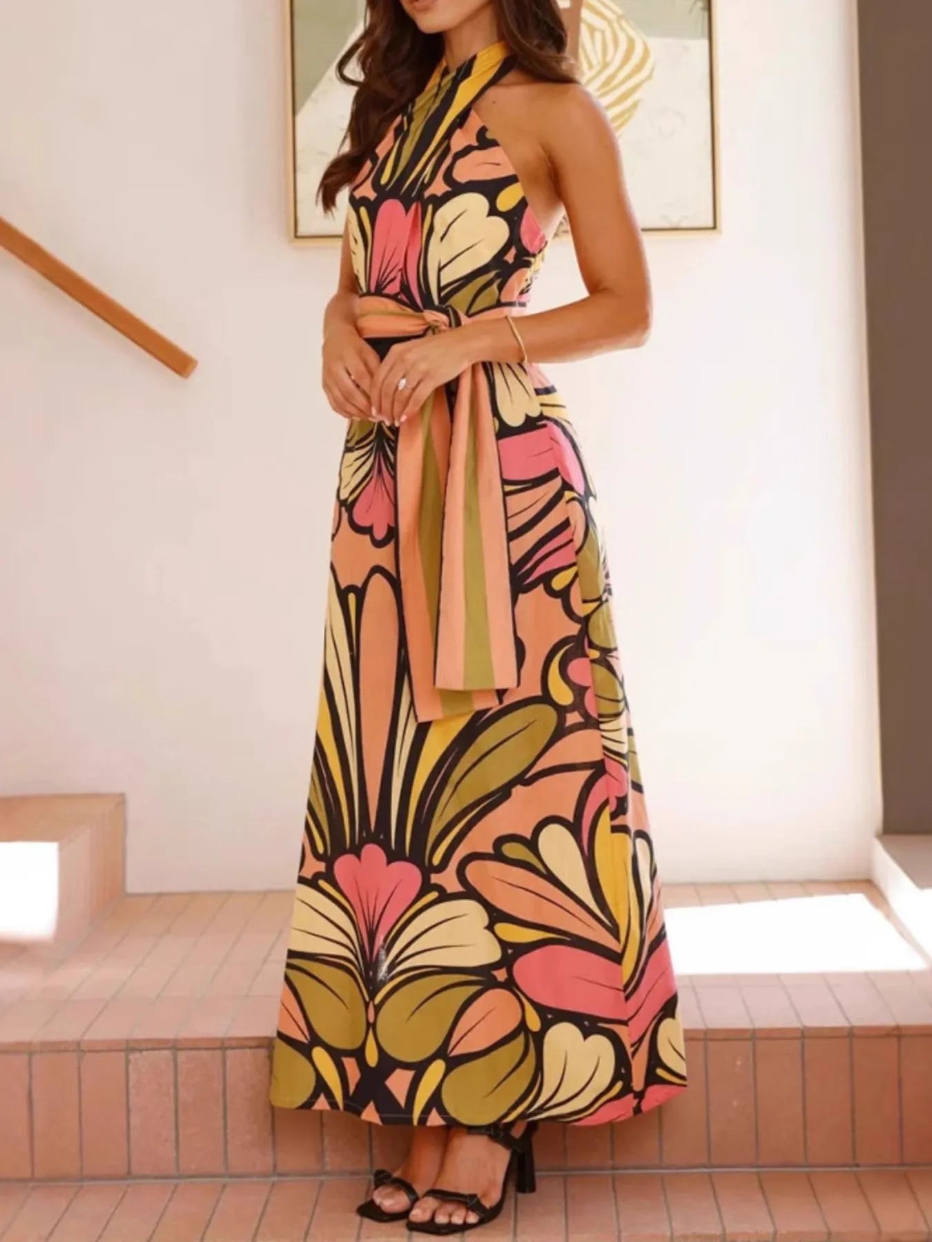 Printed Halter Neck Midi Dress with Ruffles.