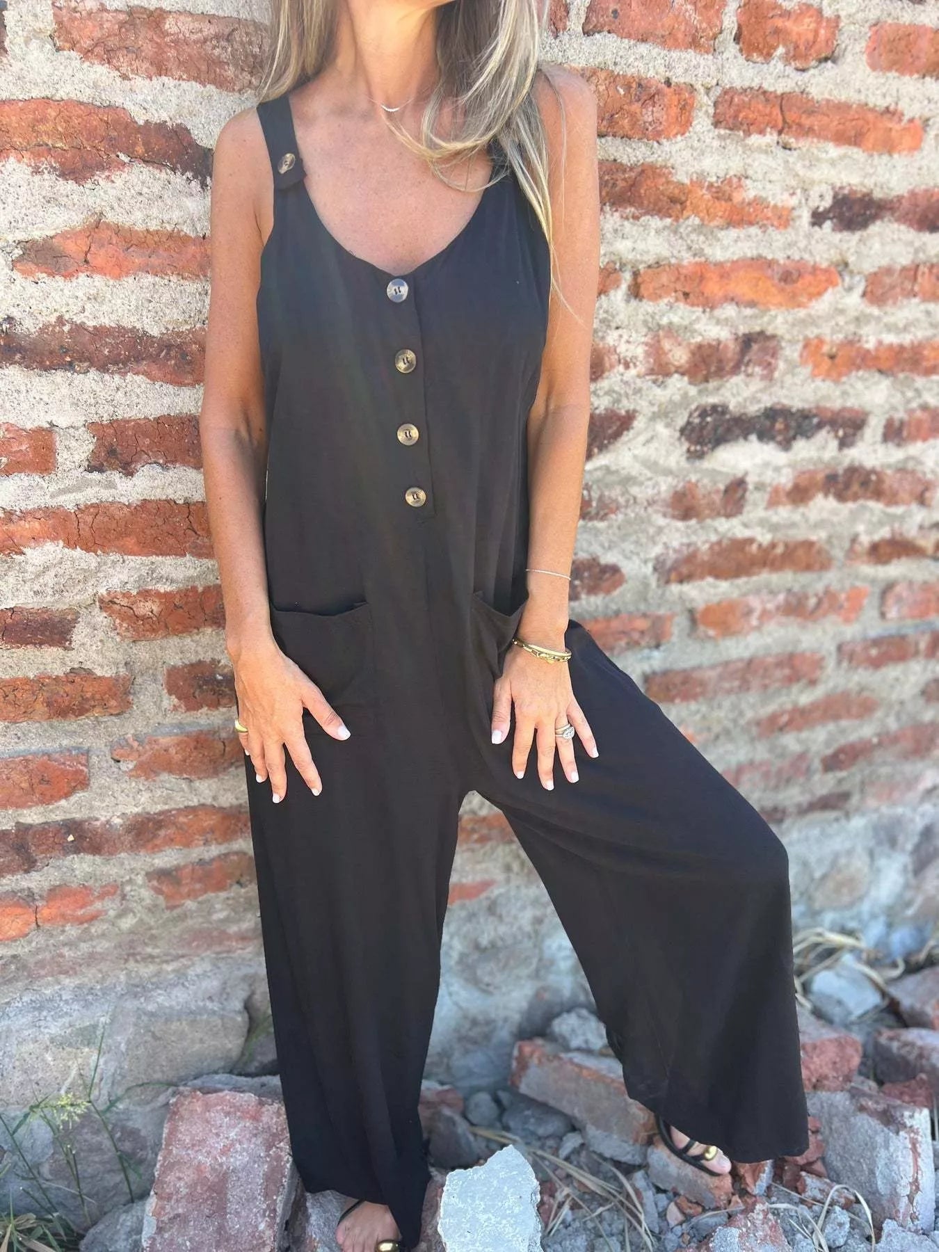 Plus Size Button-Front Wide Leg Jumpsuit with Pockets.