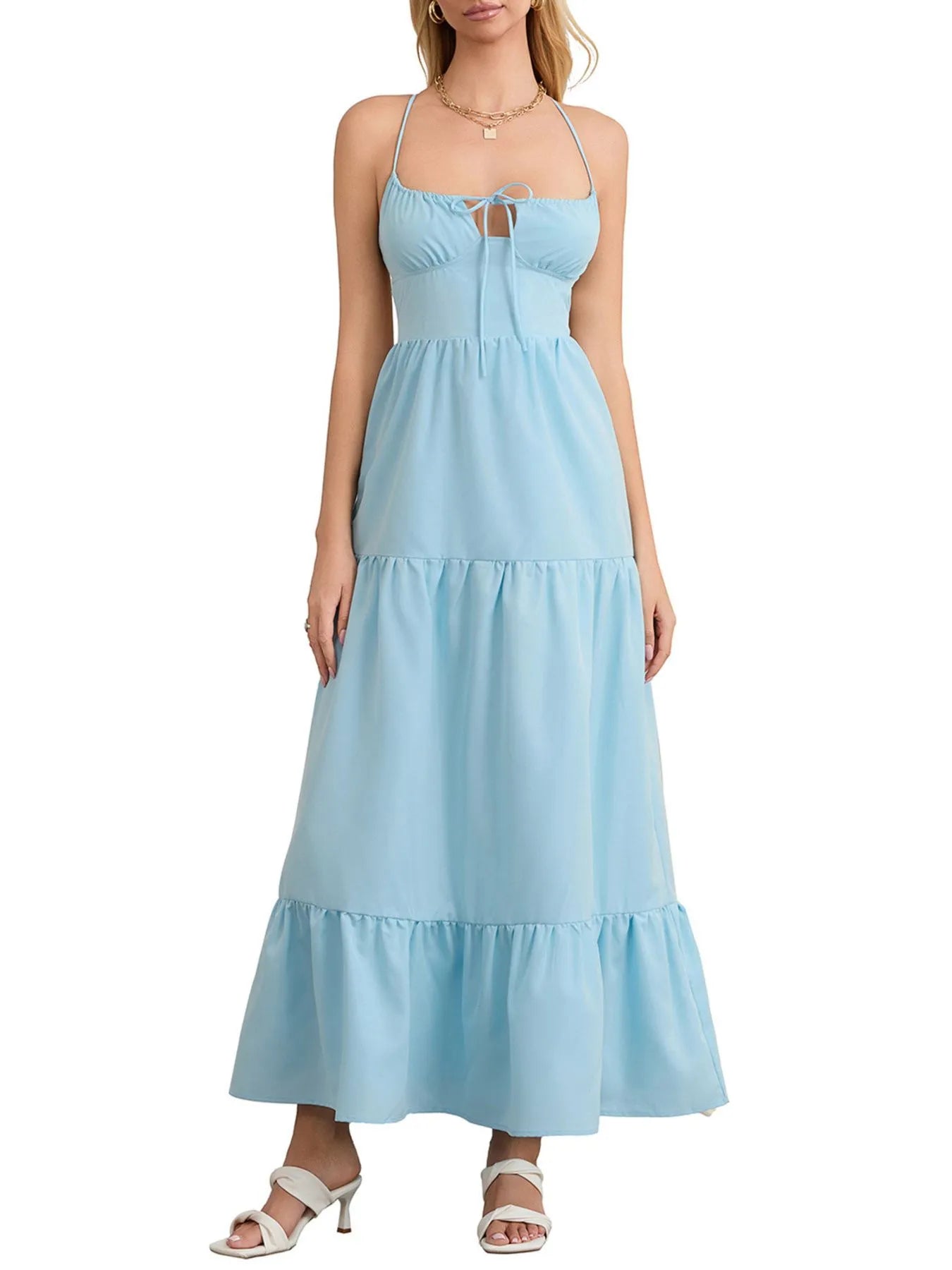 Tiered Maxi Cami Dress with Ruffled Hem - Backless & Tied.