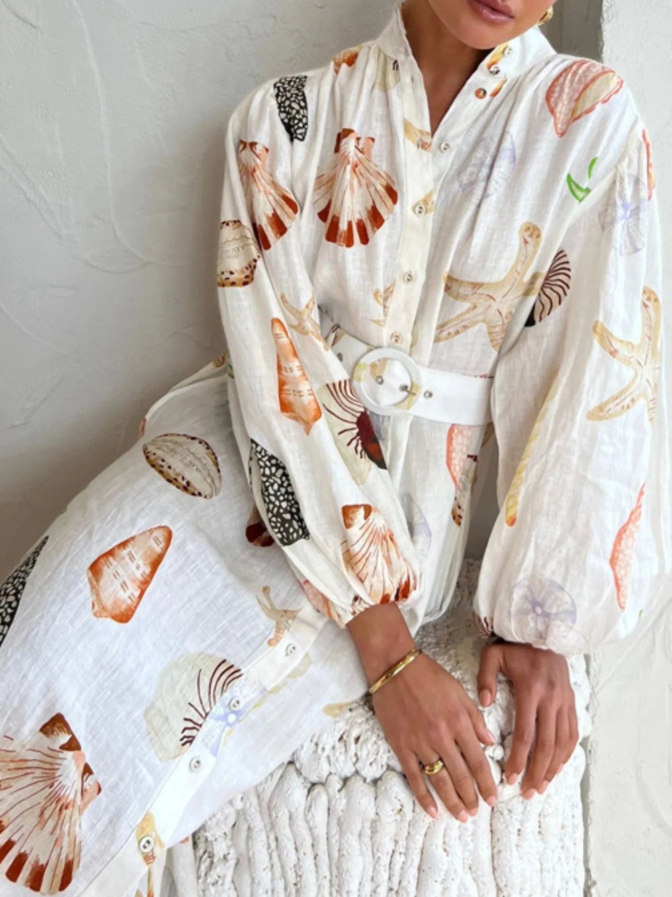 Printed Balloon Sleeve Maxi Shirt Dress with Belt.