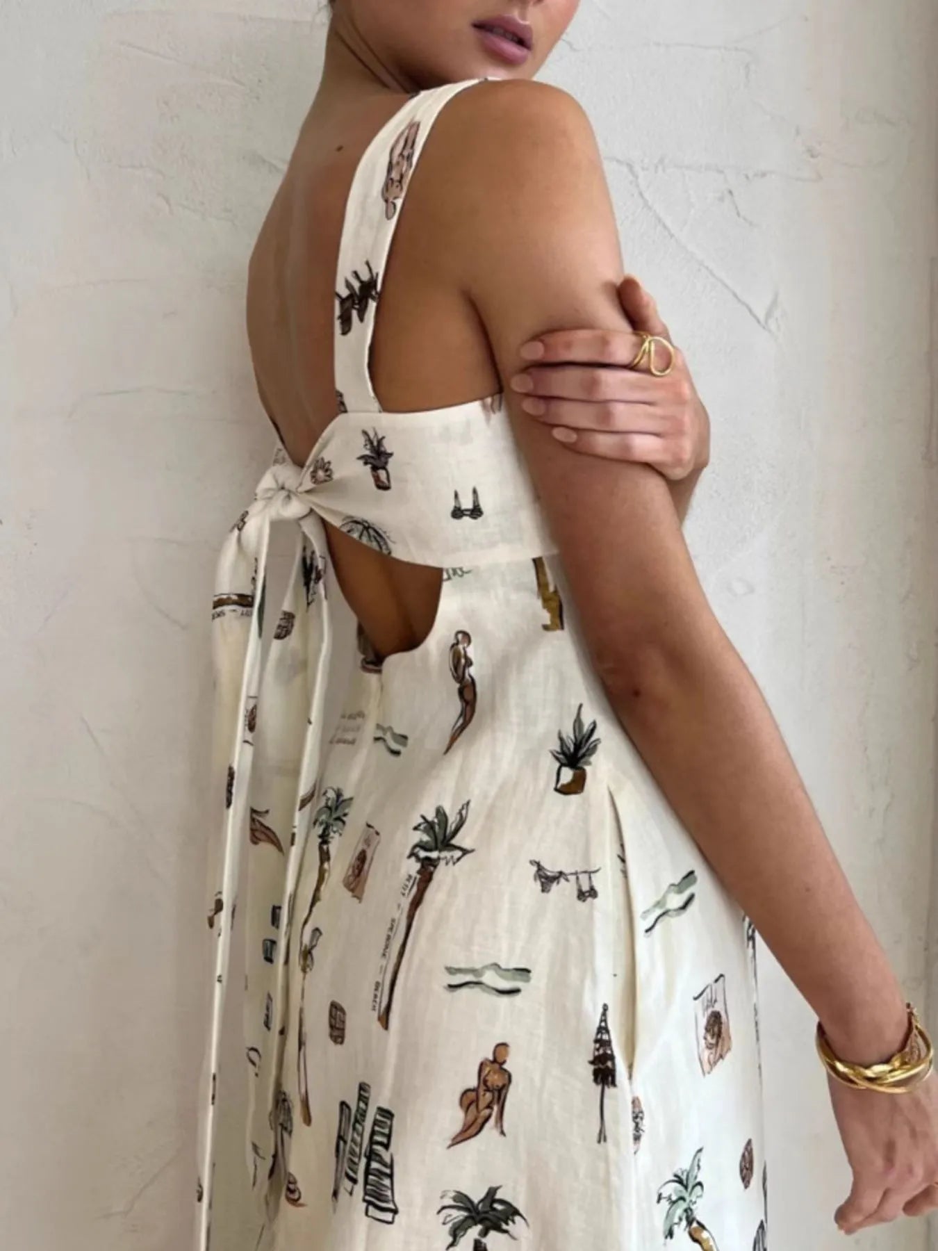 Printed Square Neck Midi Cami Dress with Lace-Up Detail.