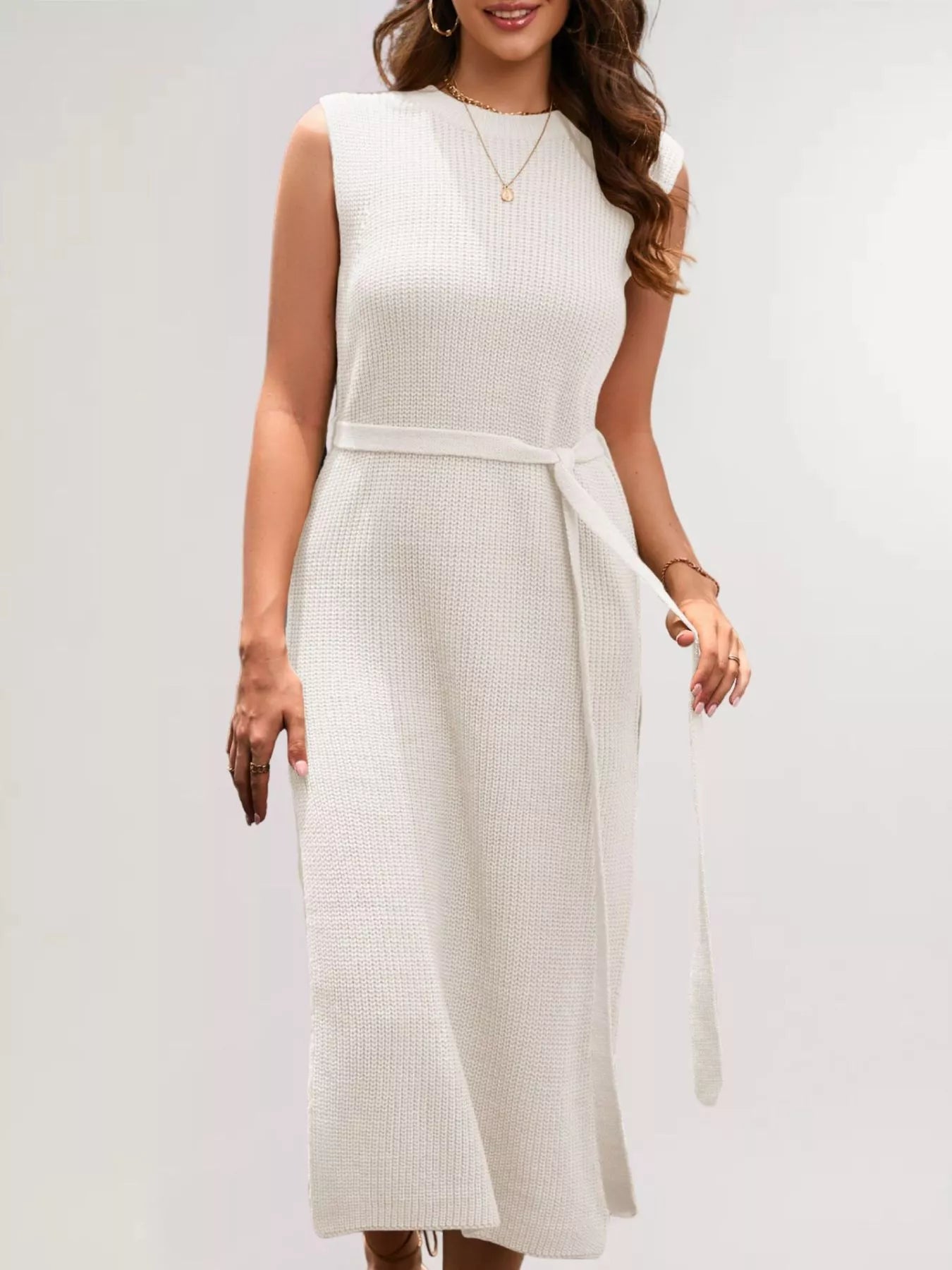 Sleeveless gray ribbed knit midi dress with a waist belt and side slit