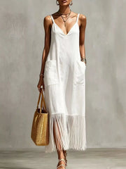 Plus-size V-neck spaghetti strap midi dress with fringe hem and pockets