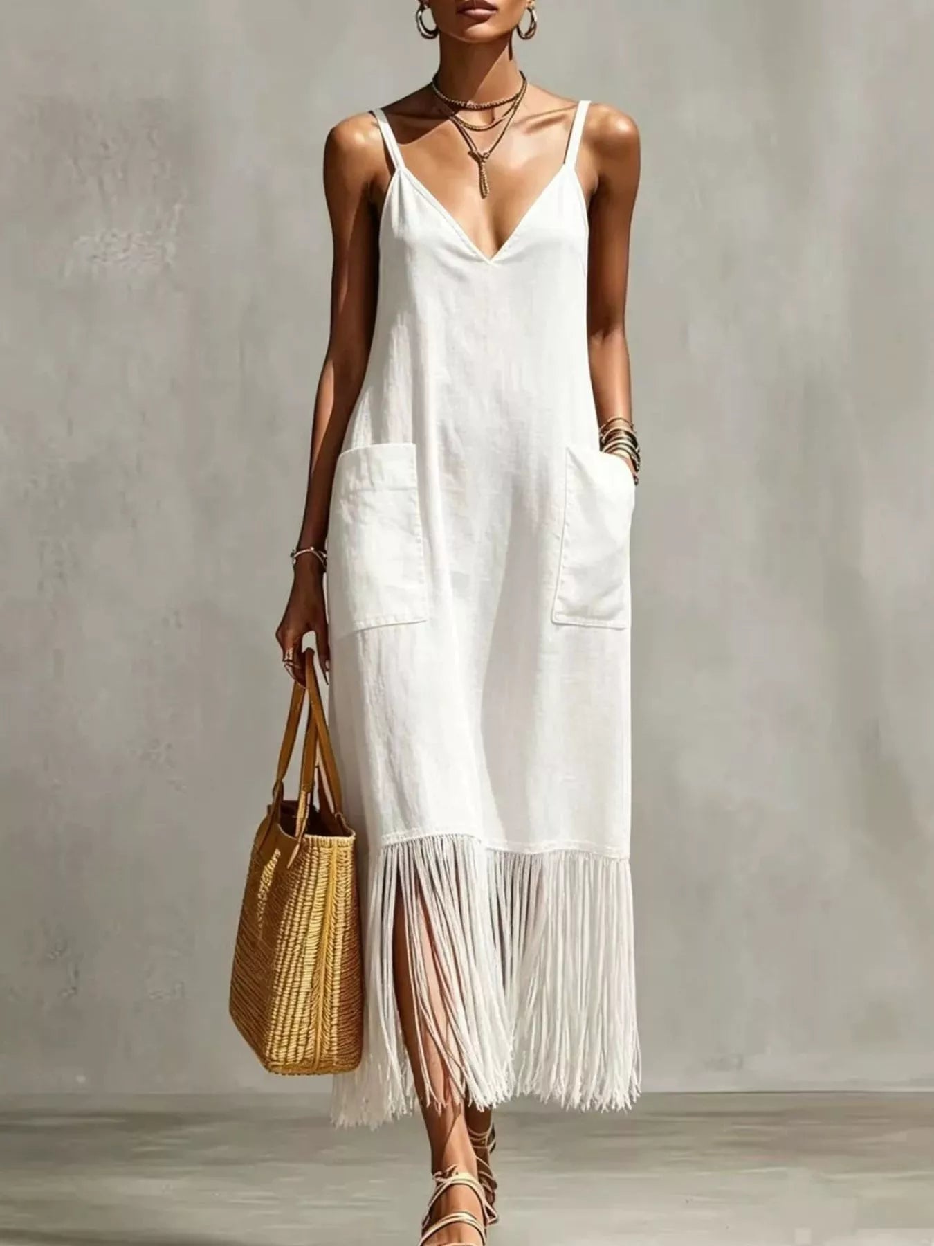 Plus-size V-neck spaghetti strap midi dress with fringe hem and pockets