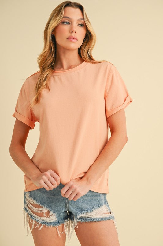 Exposed Seam Round Neck Short Sleeve T-Shirt