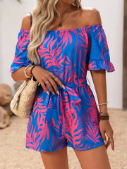 Tropical Print Off-Shoulder Romper with Tie and Ruffles.