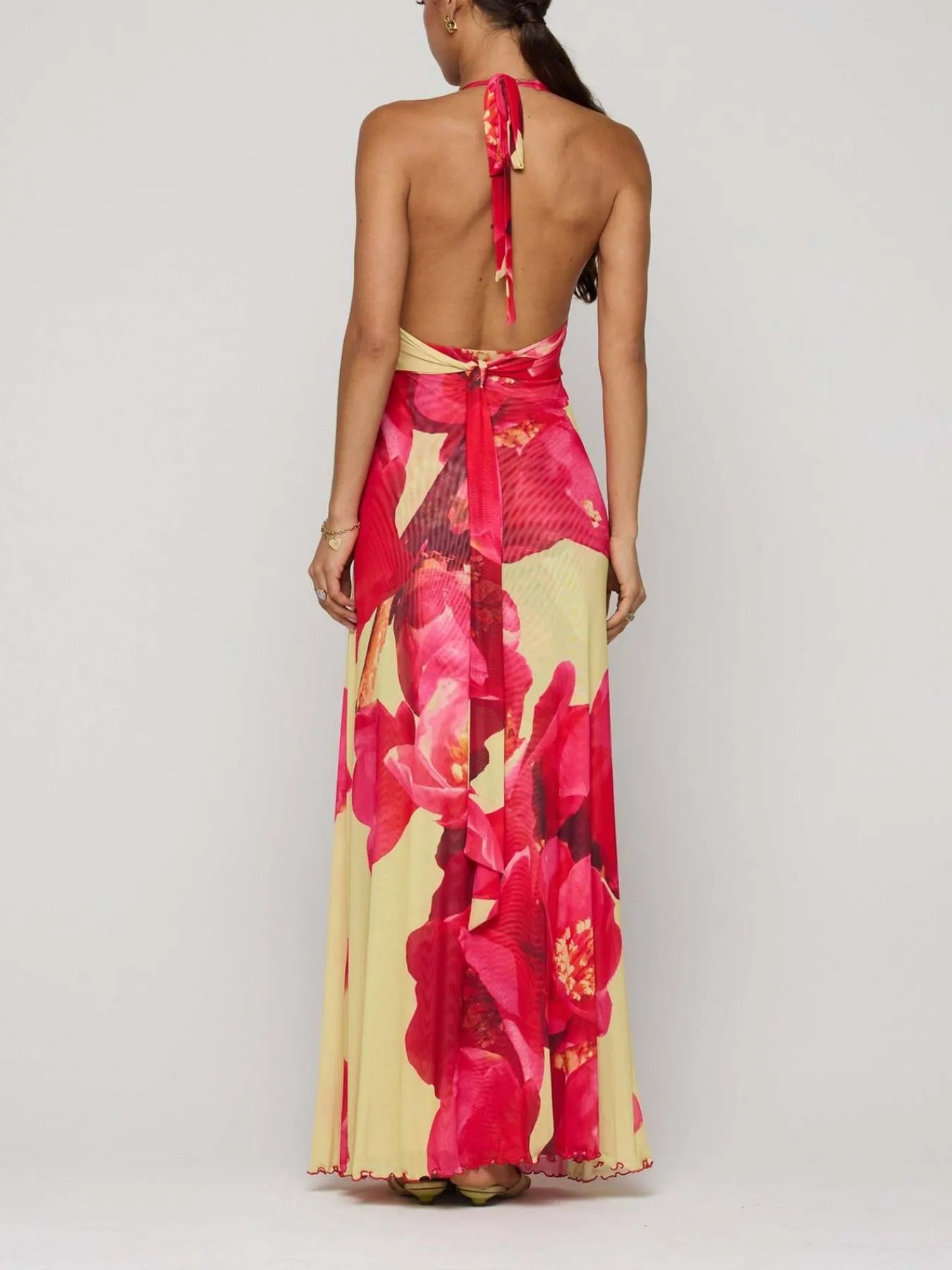 Floral Halter Neck Deep V Maxi Dress - Backless & Ruched.