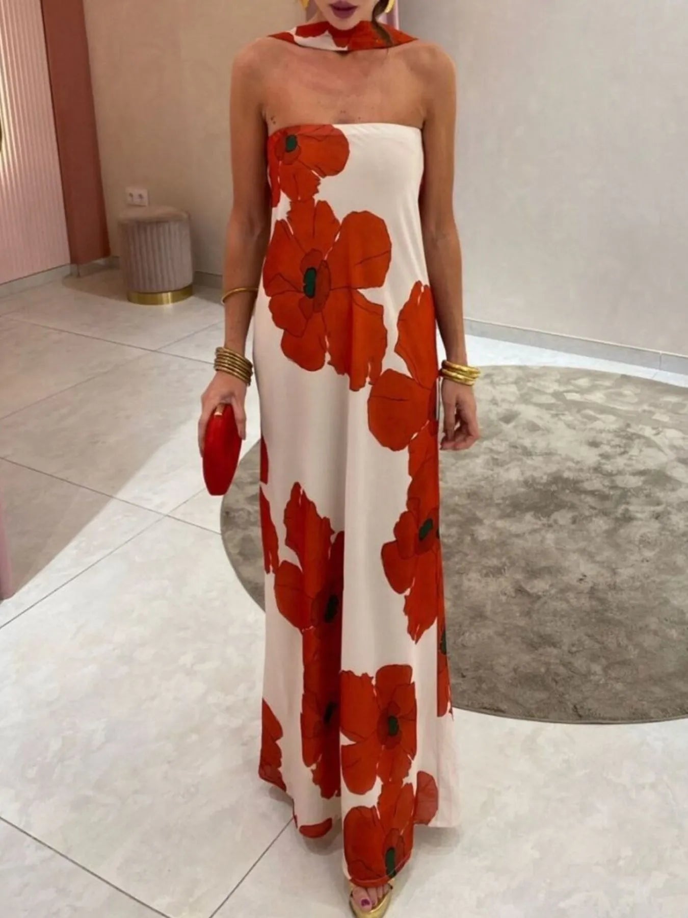 Printed V-Neck Cami Dress - Backless & Cutout.