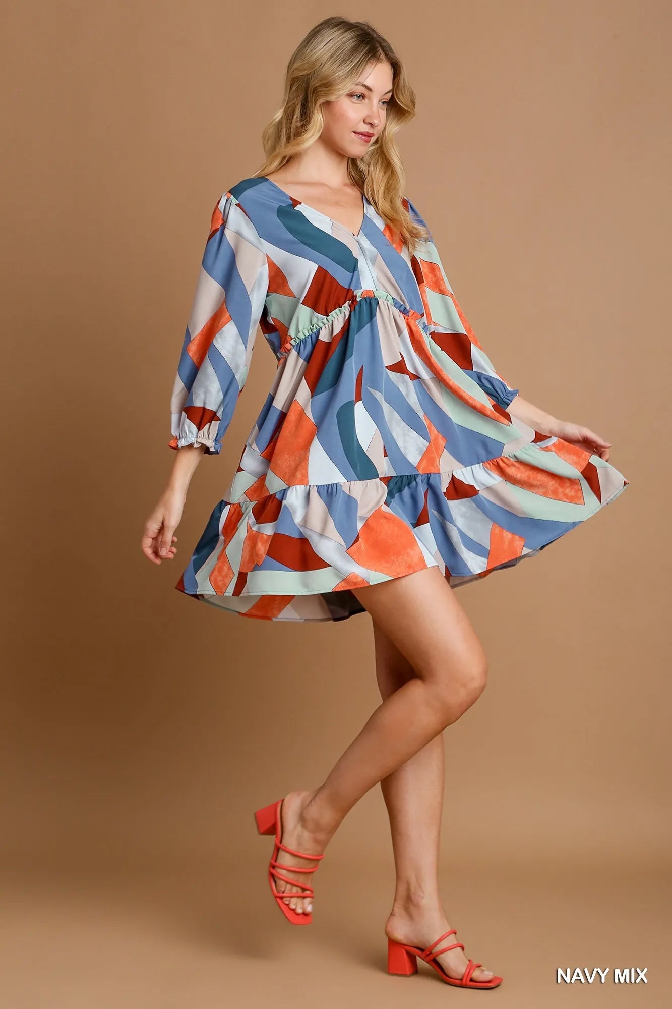 Abstract V-Neck Tiered Printed Dress with Ruffles.