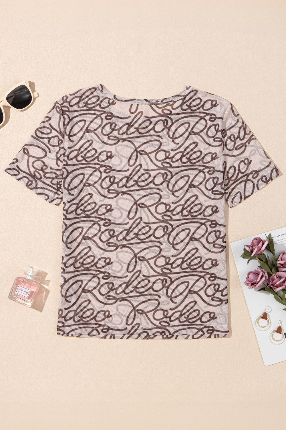 Printed Round Neck Short Sleeve Mesh T-Shirt