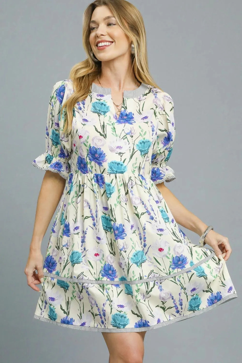 BabyDoll Floral Striped Hem Mini Dress - Lined Cotton.