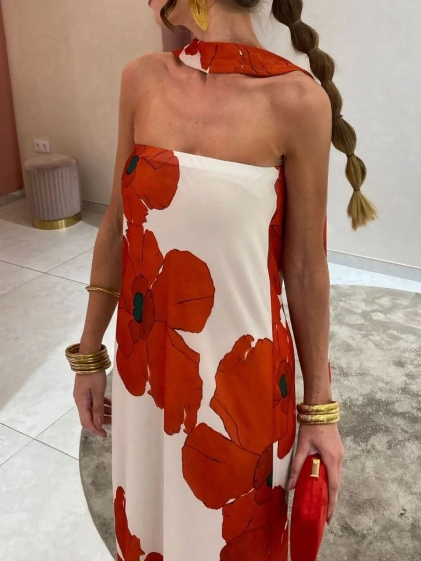 Printed V-Neck Cami Dress - Backless & Cutout.