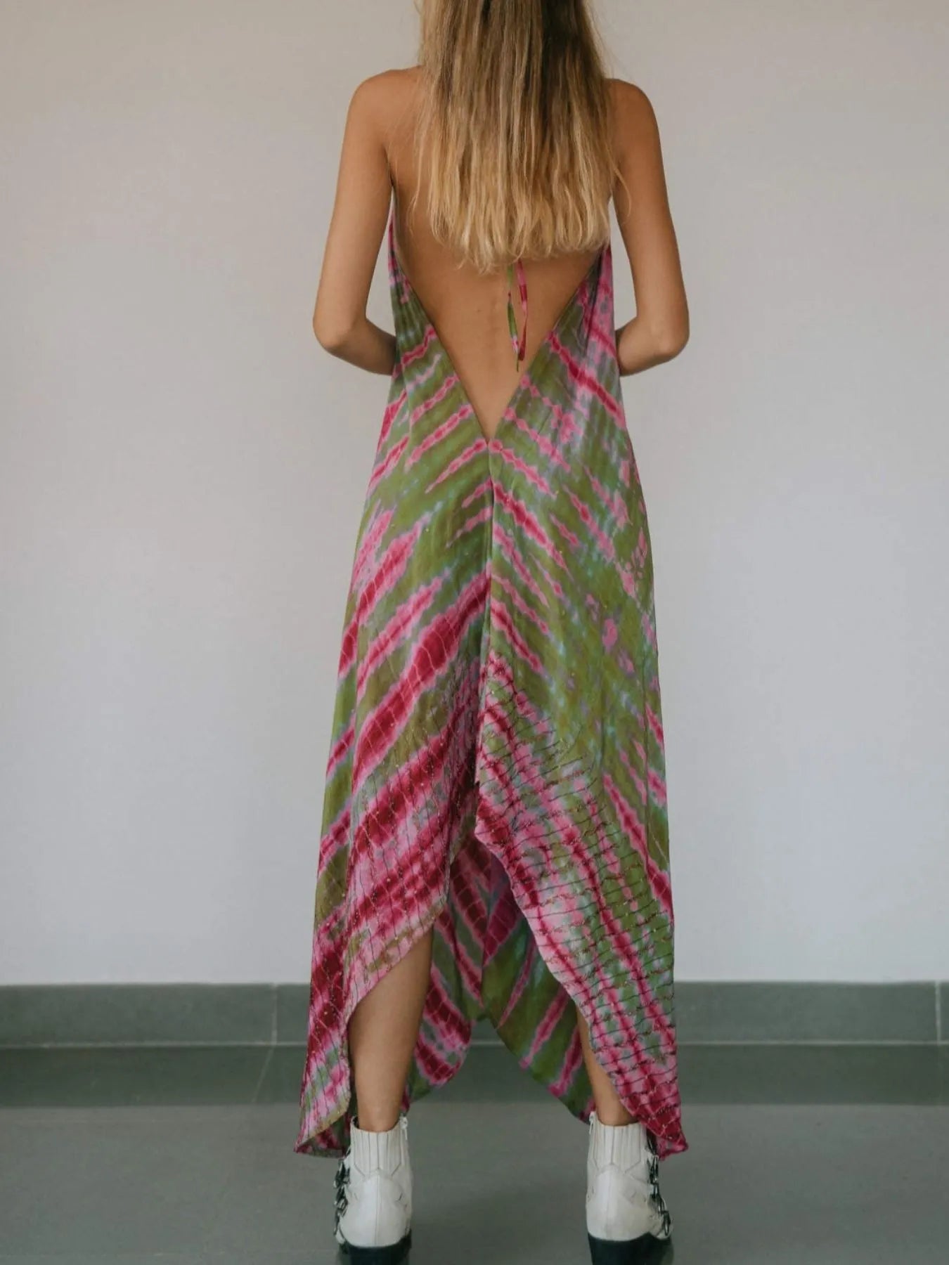 Backless Printed Halter Neck Maxi Dress - Tied.