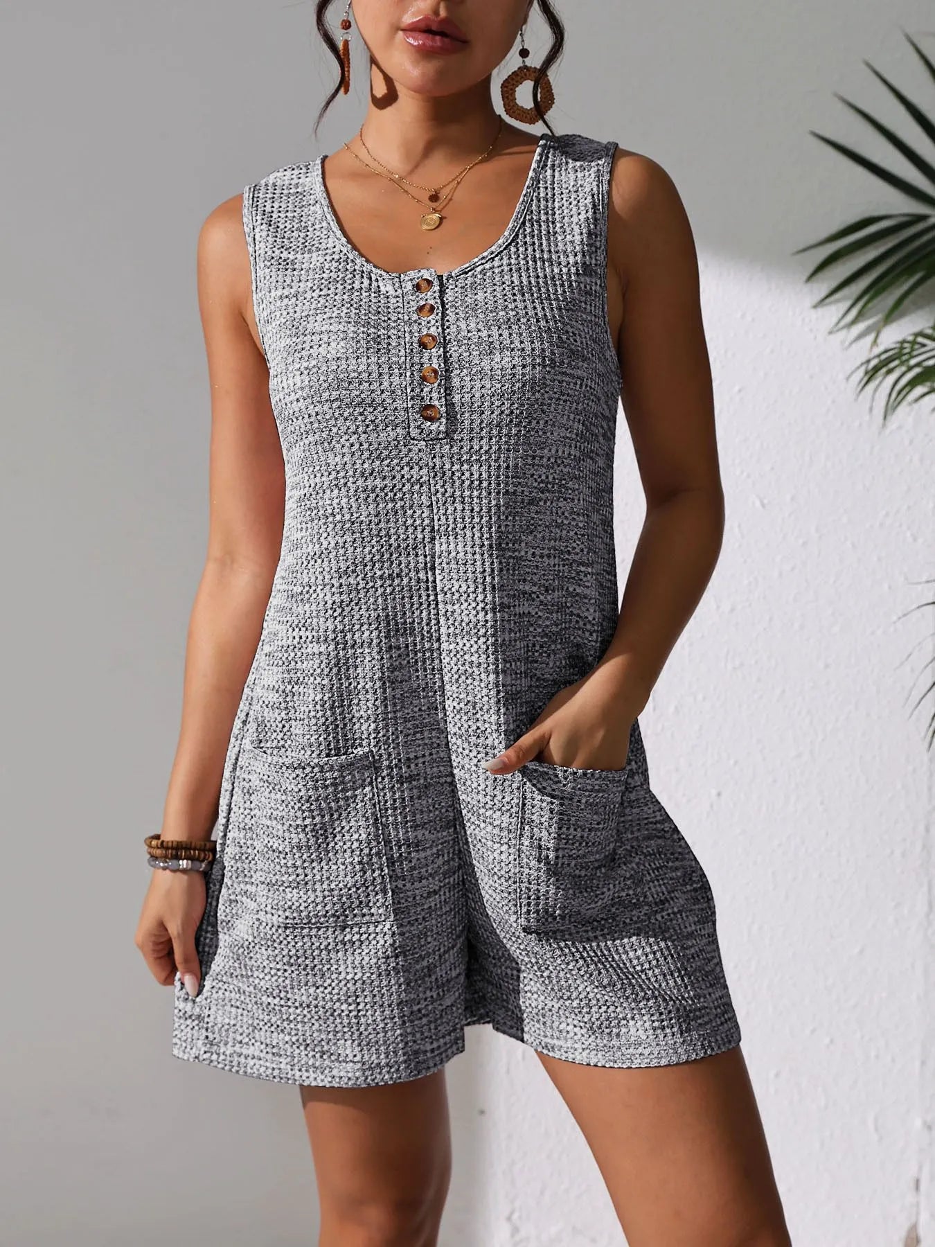 Plus Size Button Front Romper with Pockets.