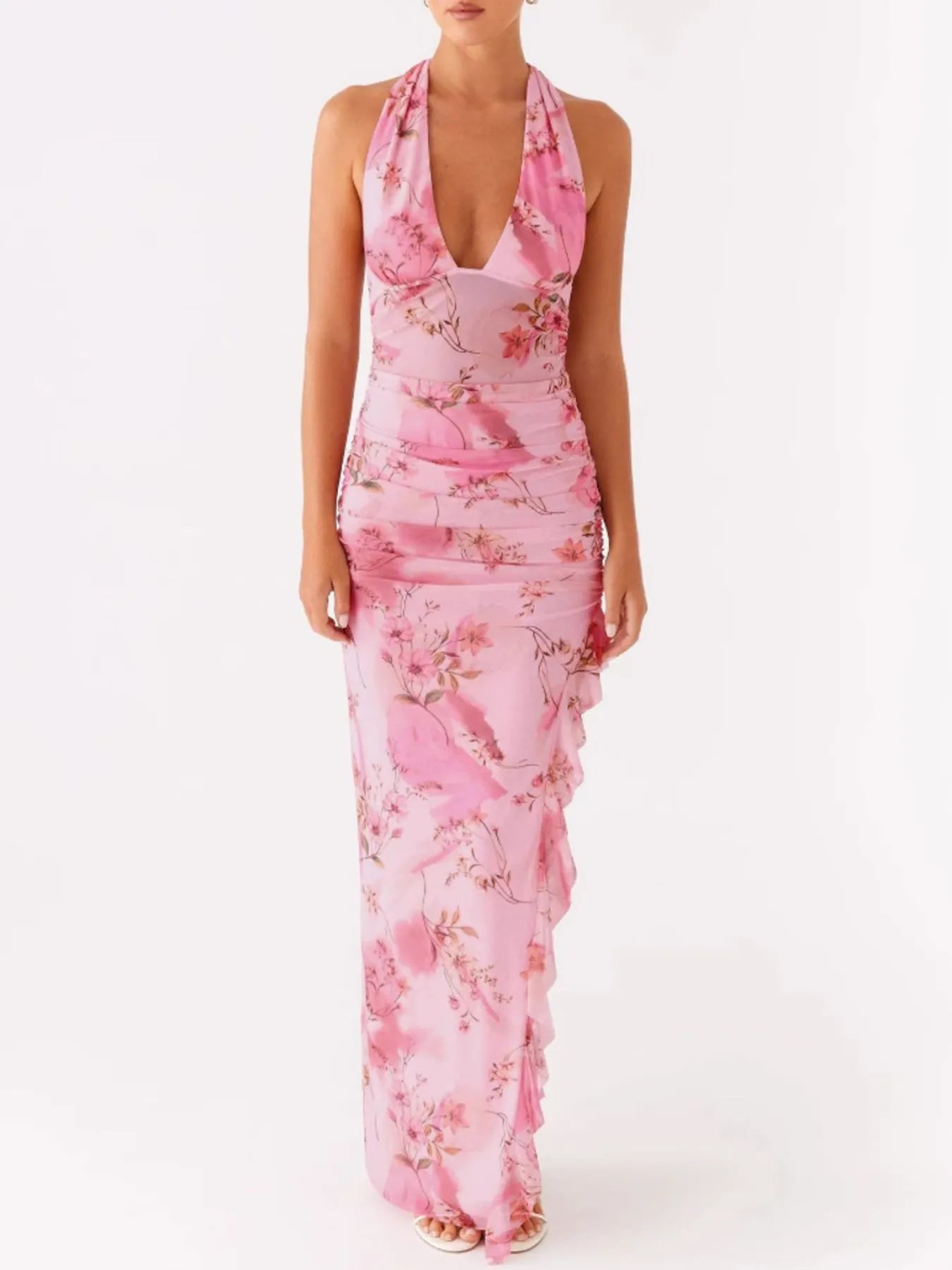 Ruffled Floral V-Neck Cap Sleeve Dress.