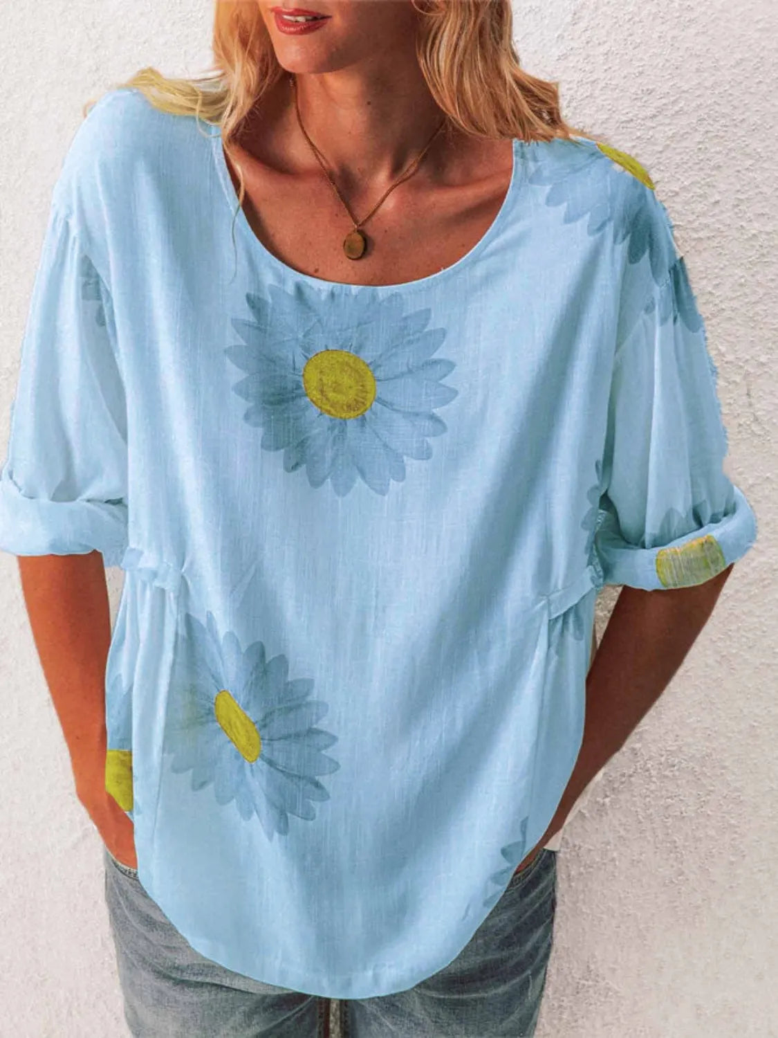 Flower Round Neck Half Sleeve T-Shirt Plus Size