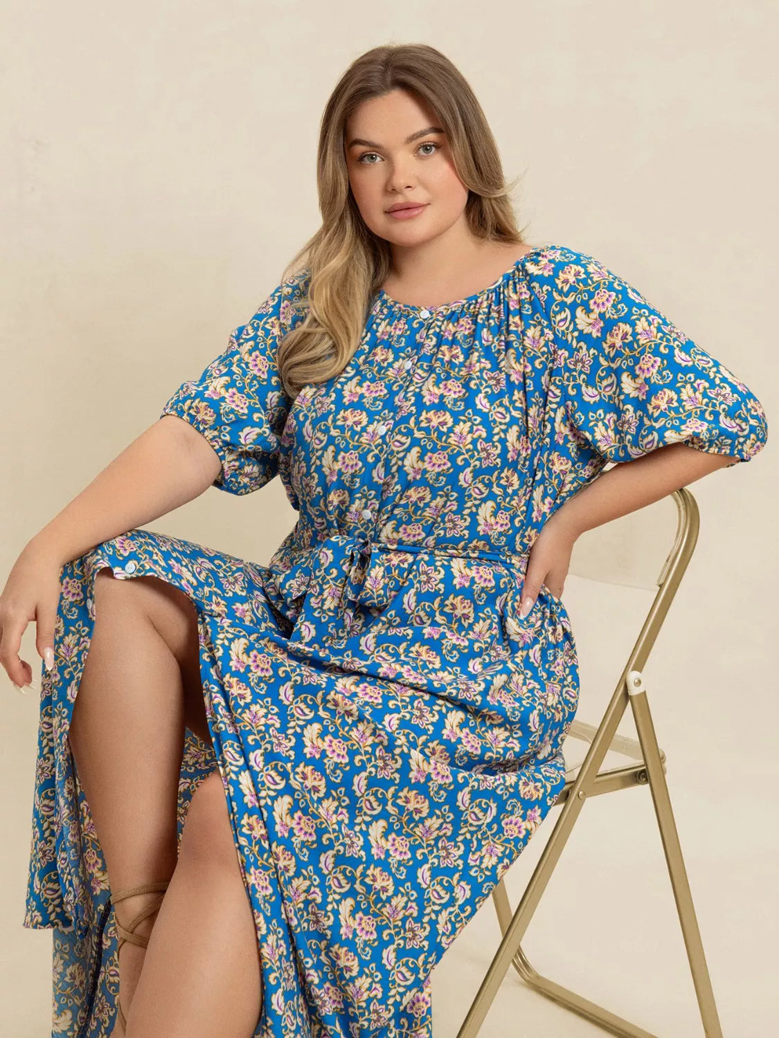 Plus Size Floral Print V-Neck Maxi Dress with Flutter Sleeves - Tiered.