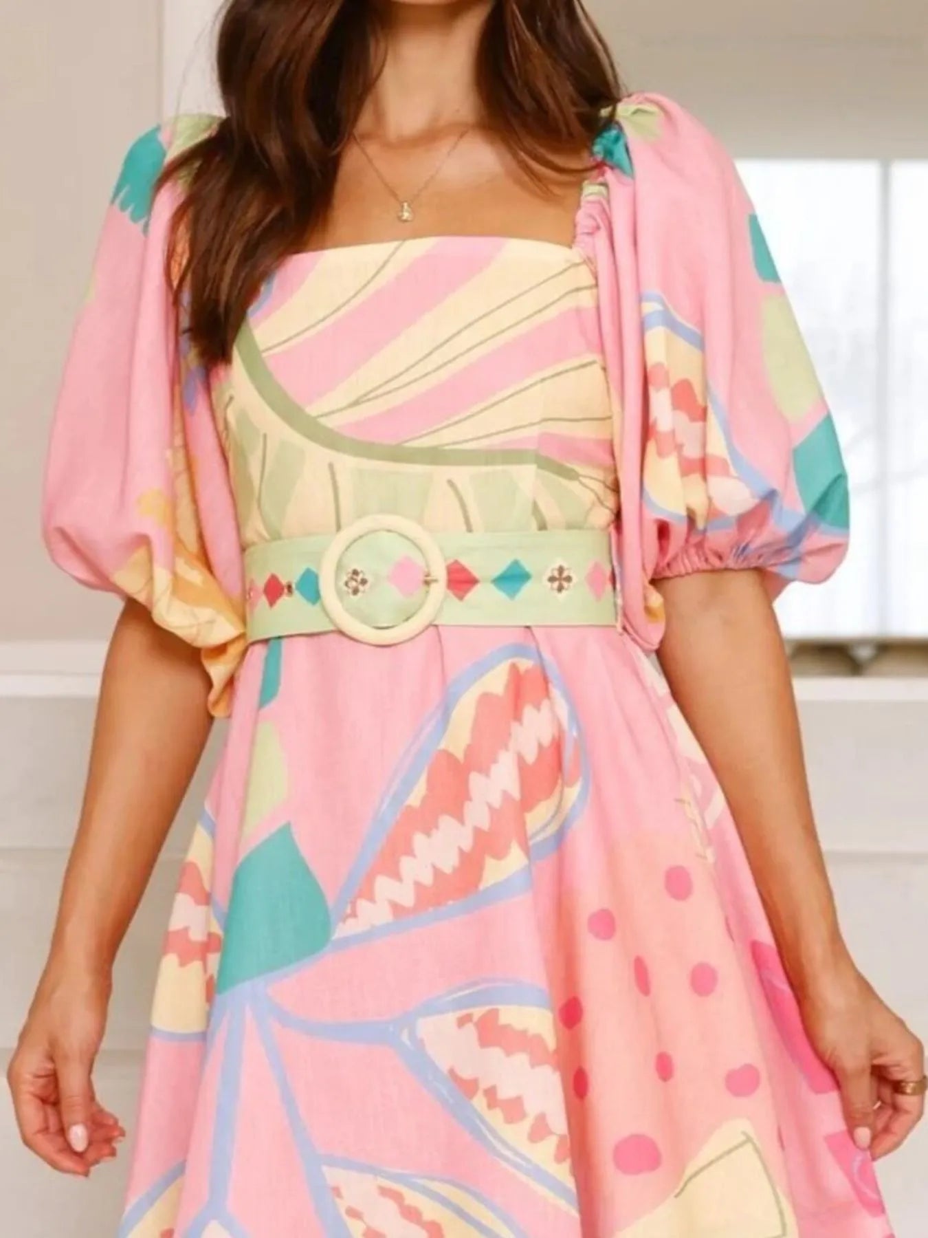 Plus Size Printed Square Neck Tie Back Maxi Dress with Pockets.