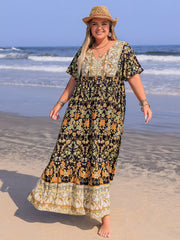 Plus Size Boho Ruffled Maxi Dress with Flutter Sleeves - Basic.