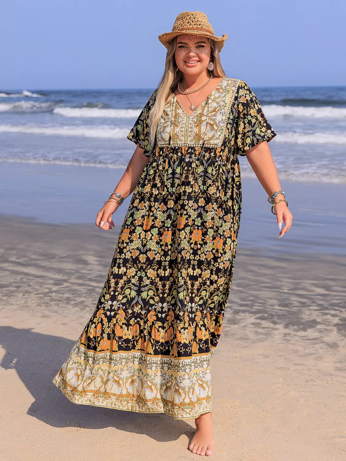 Plus Size Boho Ruffled Maxi Dress with Flutter Sleeves - Basic.
